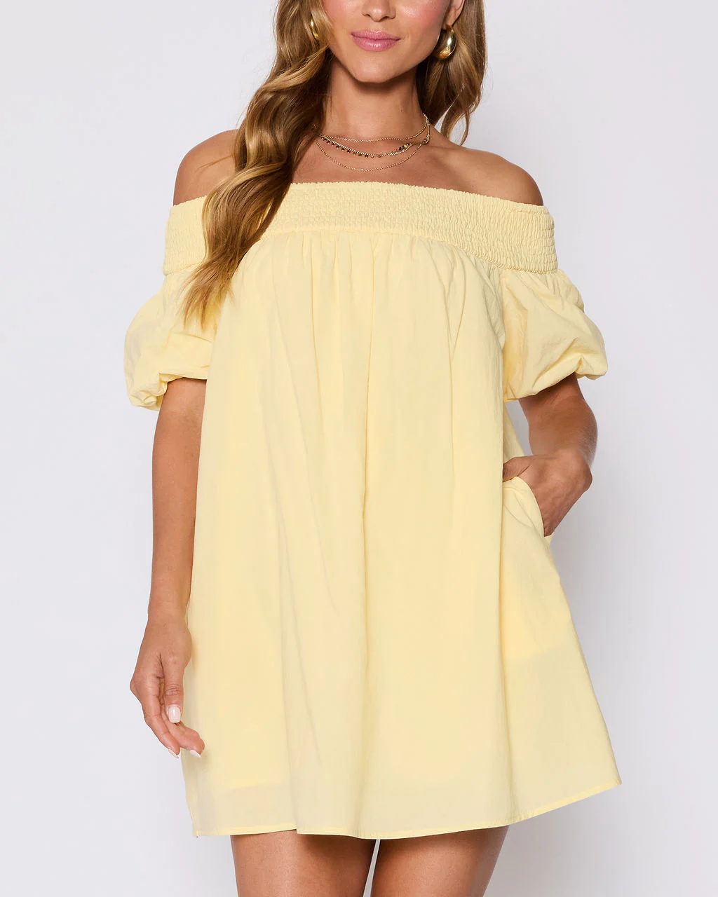 Lydia Cotton Smocked Off The Shoulder Mini Dress - Image 5