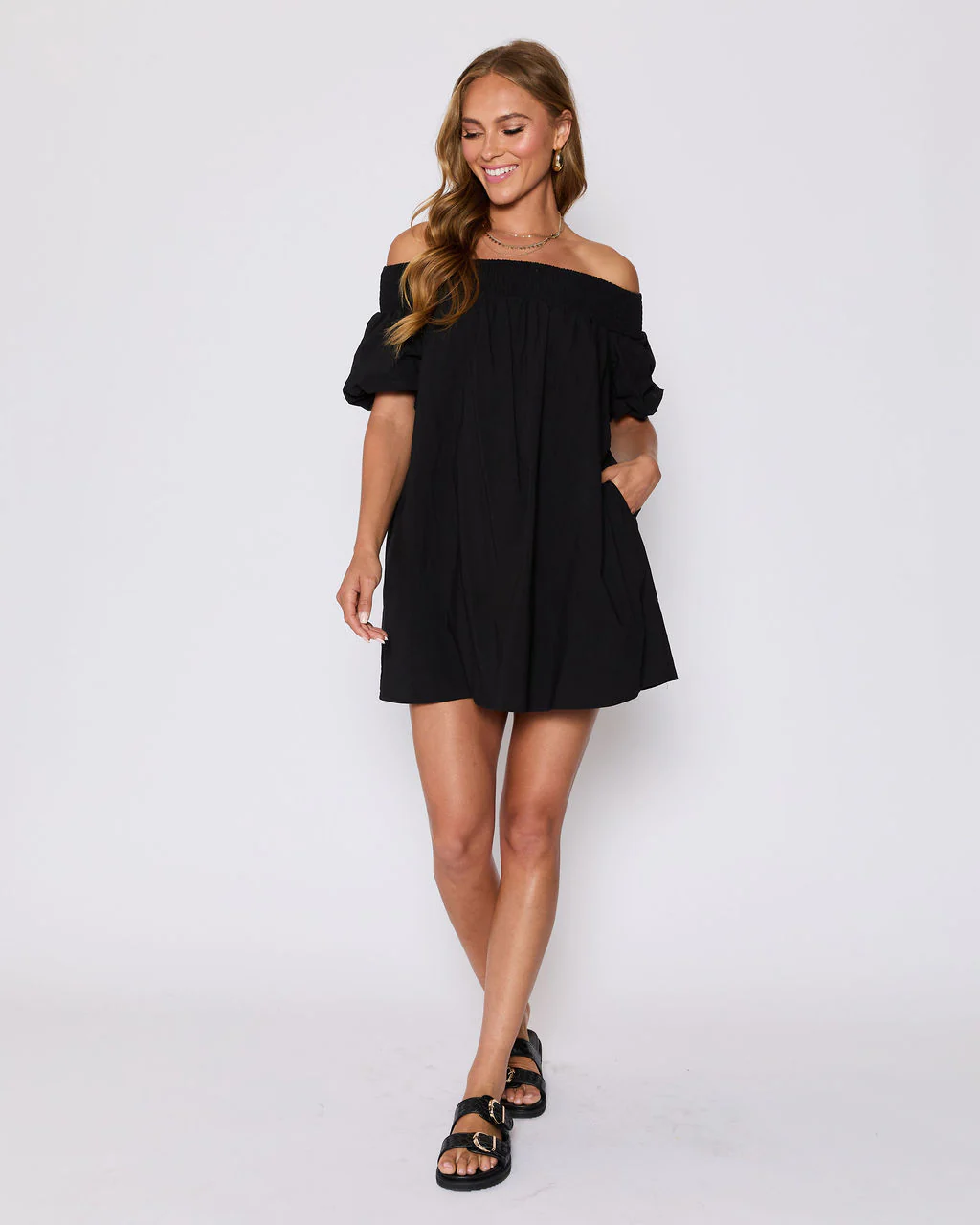 Lydia Cotton Smocked Off The Shoulder Mini Dress - Image 7