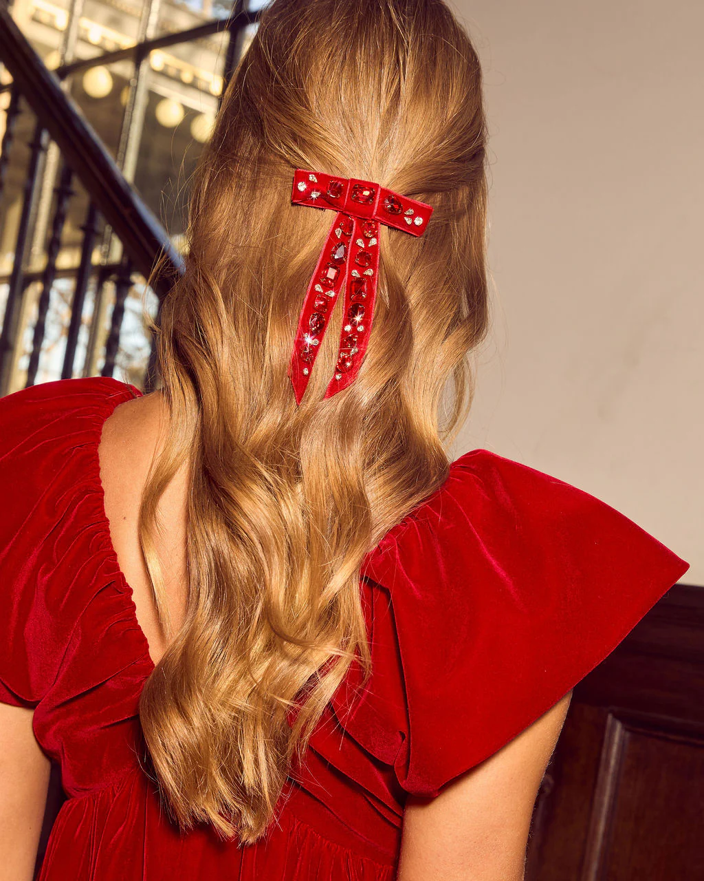 Maisey Velvet Embellished Bow Hair Barrette - Image 3