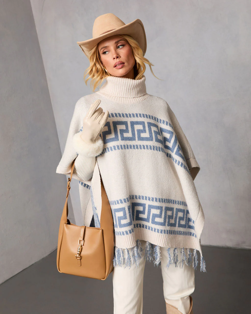 Maly Abstract Fringe Trim Poncho Sweater - Image 2