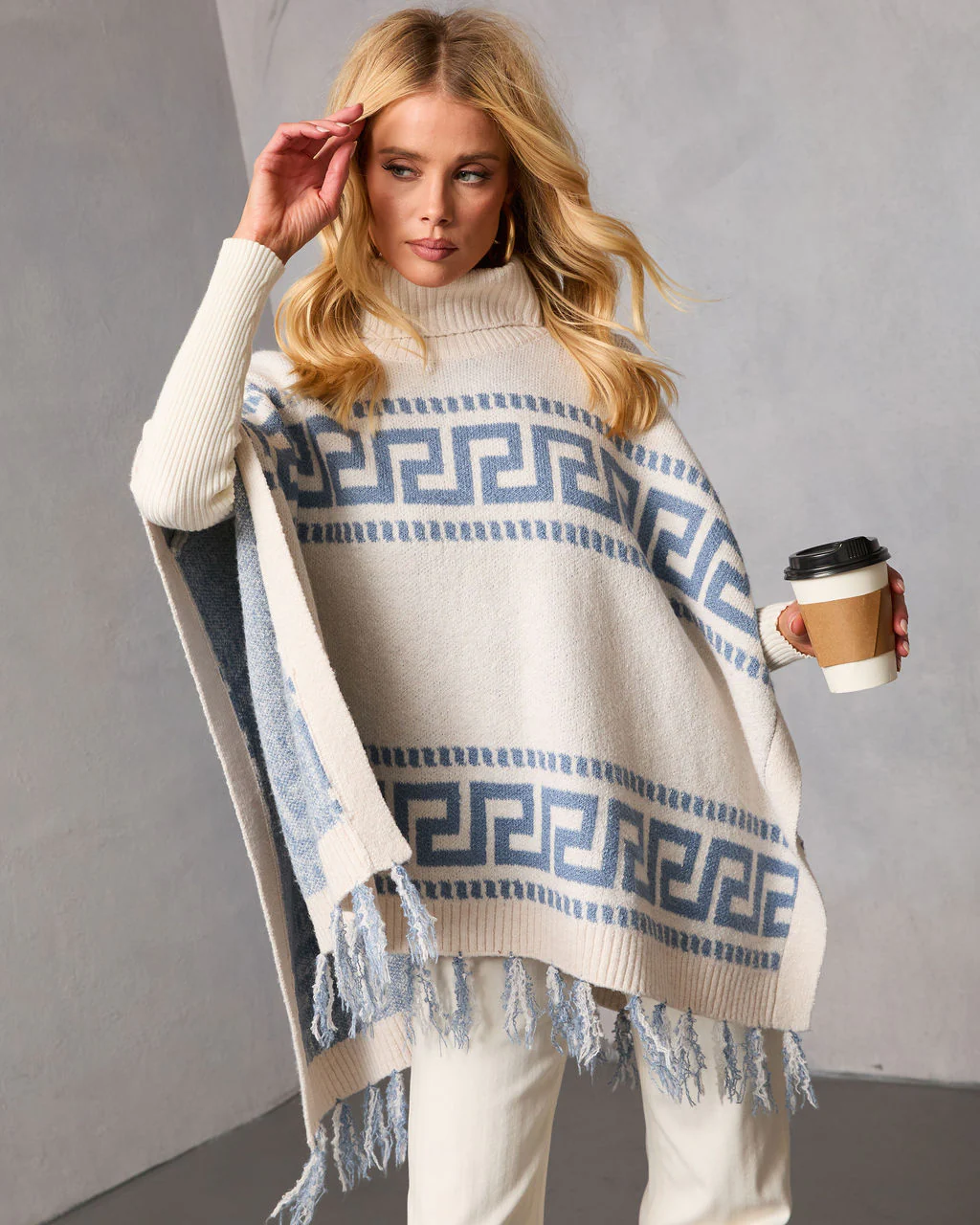 Maly Abstract Fringe Trim Poncho Sweater - Image 5