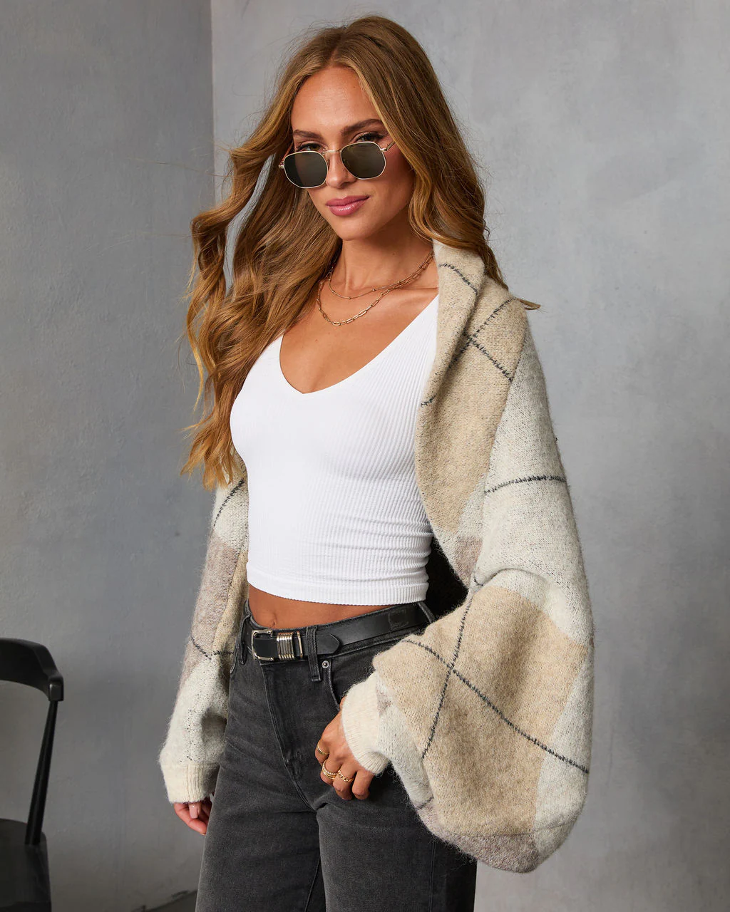 Marenne Cropped Argyle Print Cardigan - Image 9