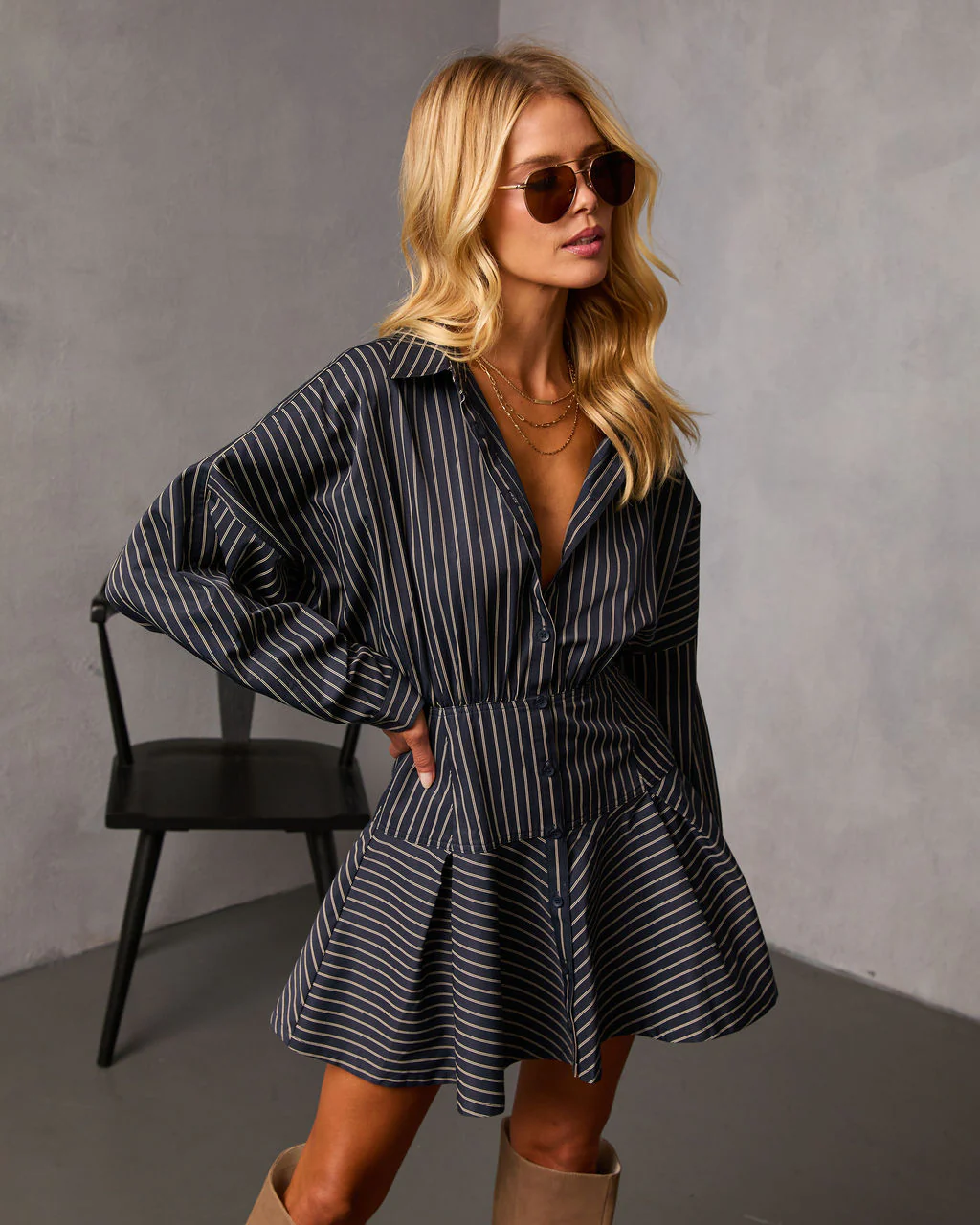 Margen Pinstripe Fit And Flare Mini Shirt Dress - Image 3