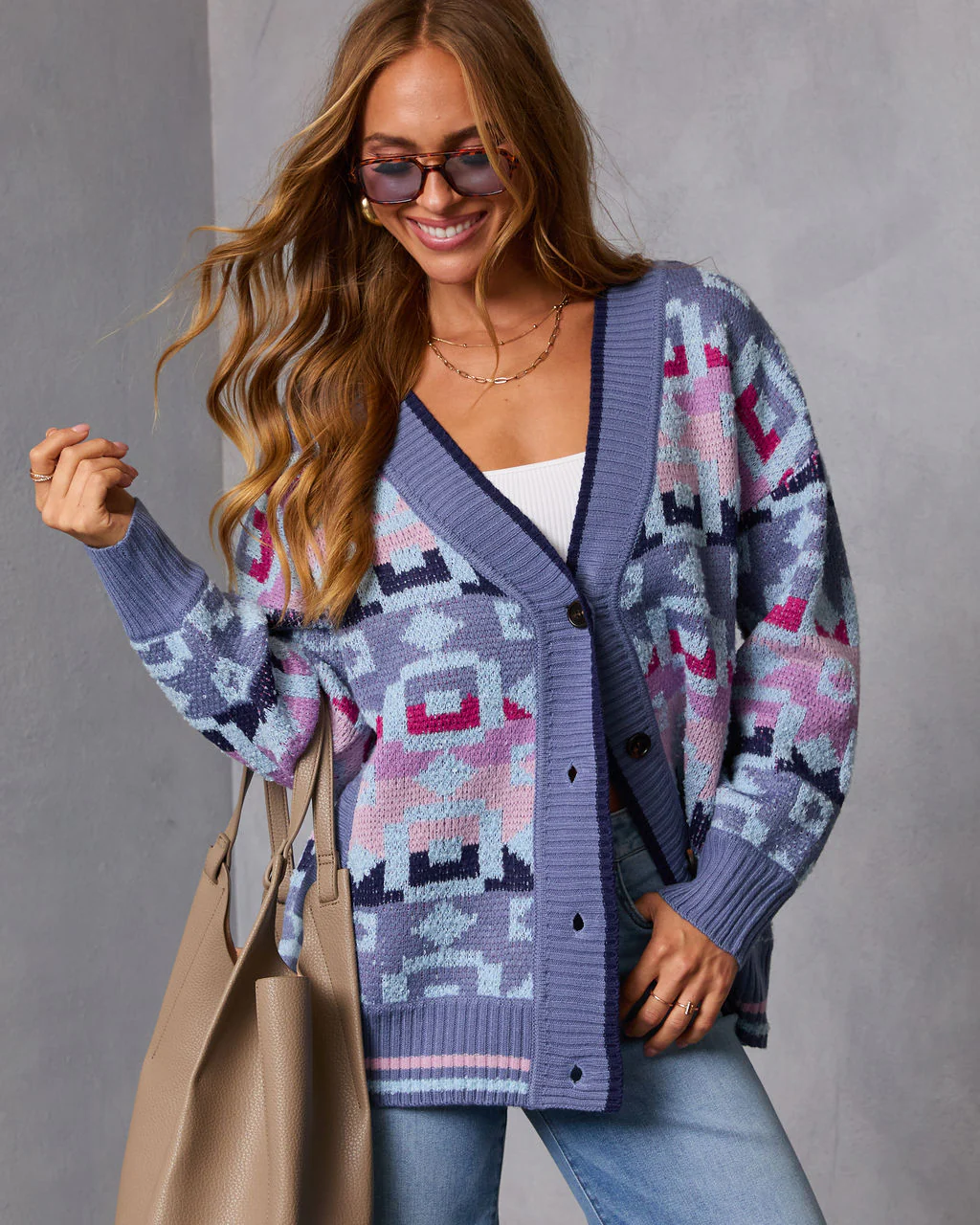 Maristella Intarsia Knit Button Down Cardigan - Image 2