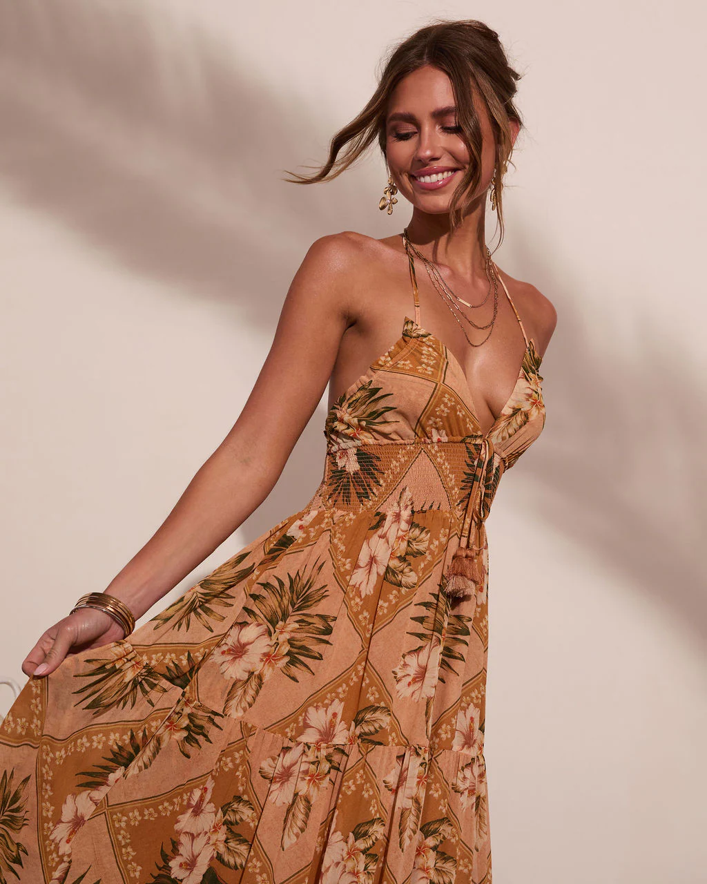 Mediterranean Muse Floral Halter Neck Maxi Dress - Image 2
