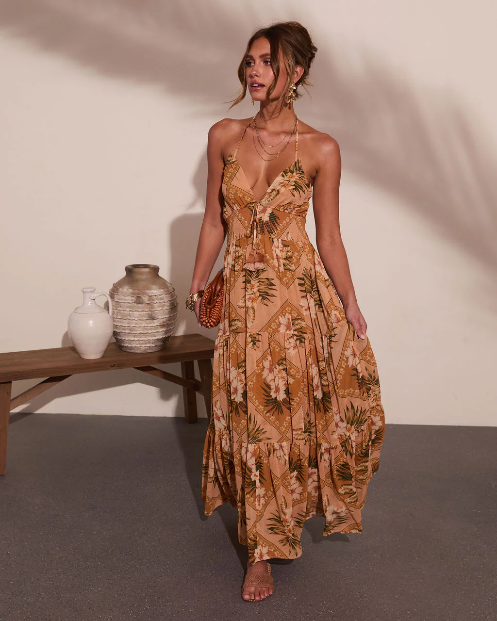 Mediterranean Muse Floral Halter Neck Maxi Dress - Image 5