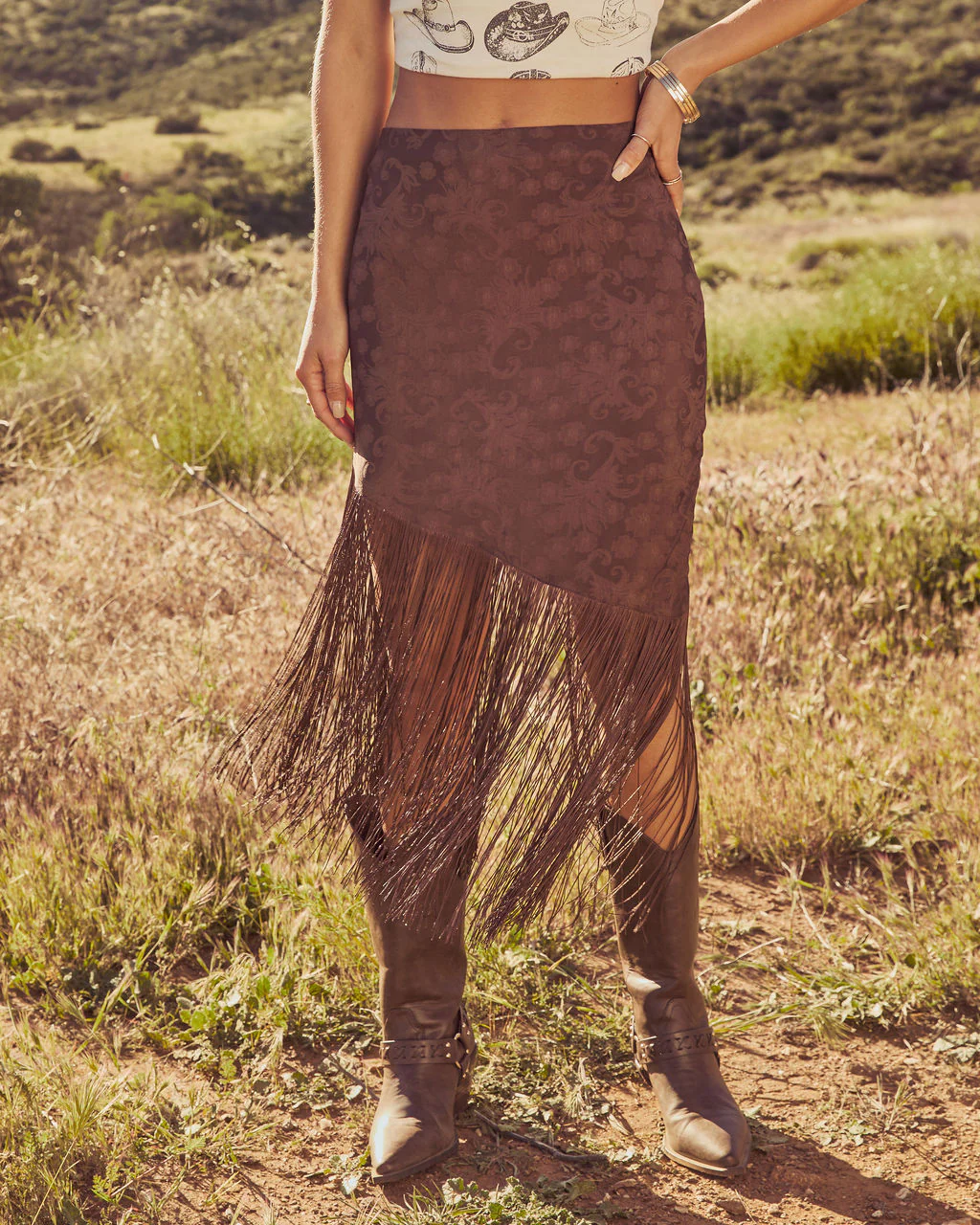 Rustic Outlaw Fringe Satin Jacquard Midi Skirt - Image 2