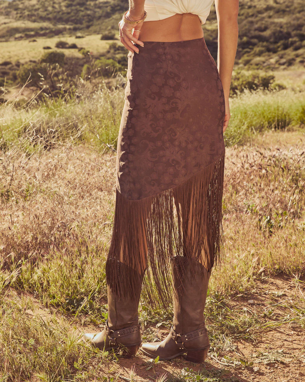 Rustic Outlaw Fringe Satin Jacquard Midi Skirt - Image 4