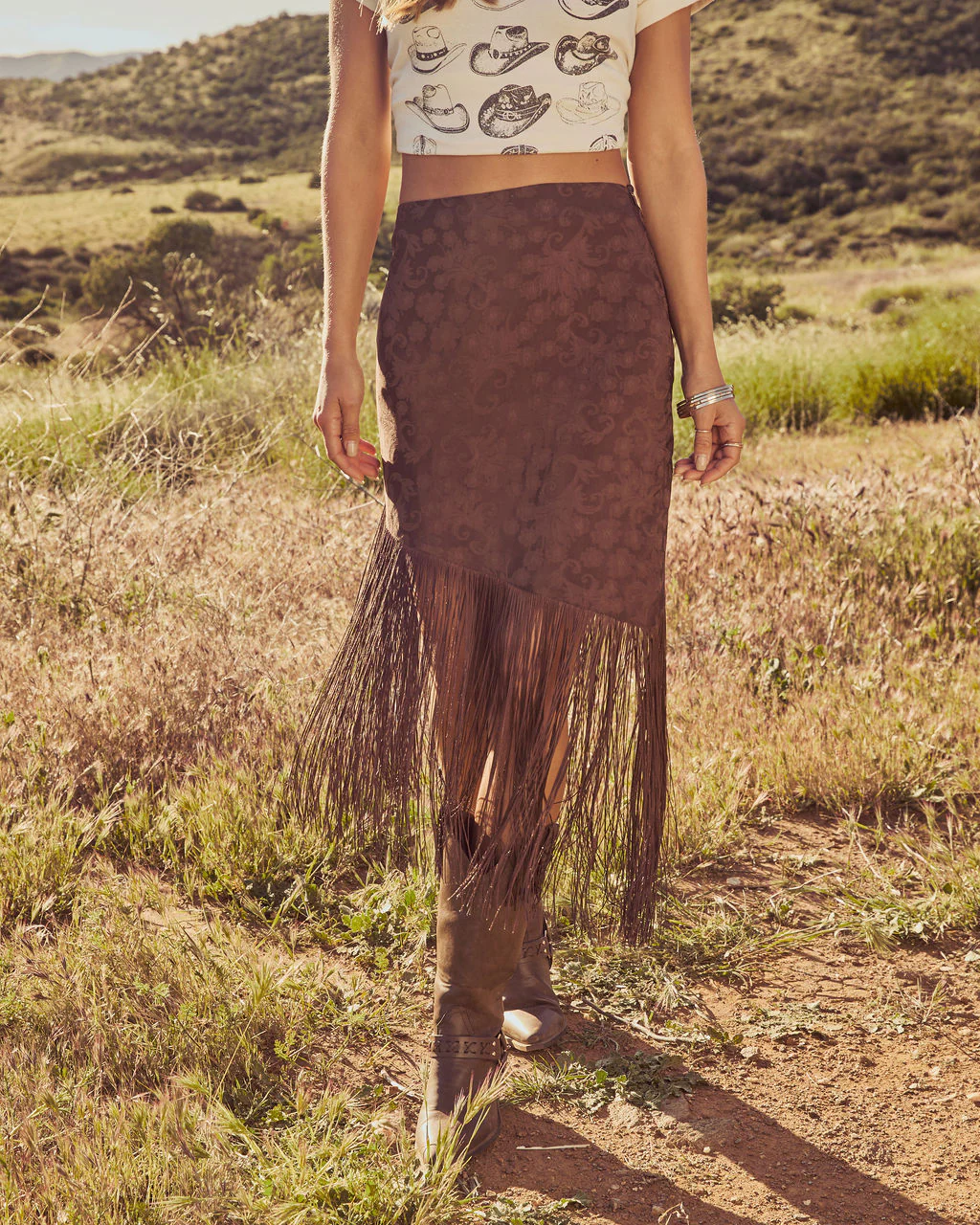 Rustic Outlaw Fringe Satin Jacquard Midi Skirt - Image 5