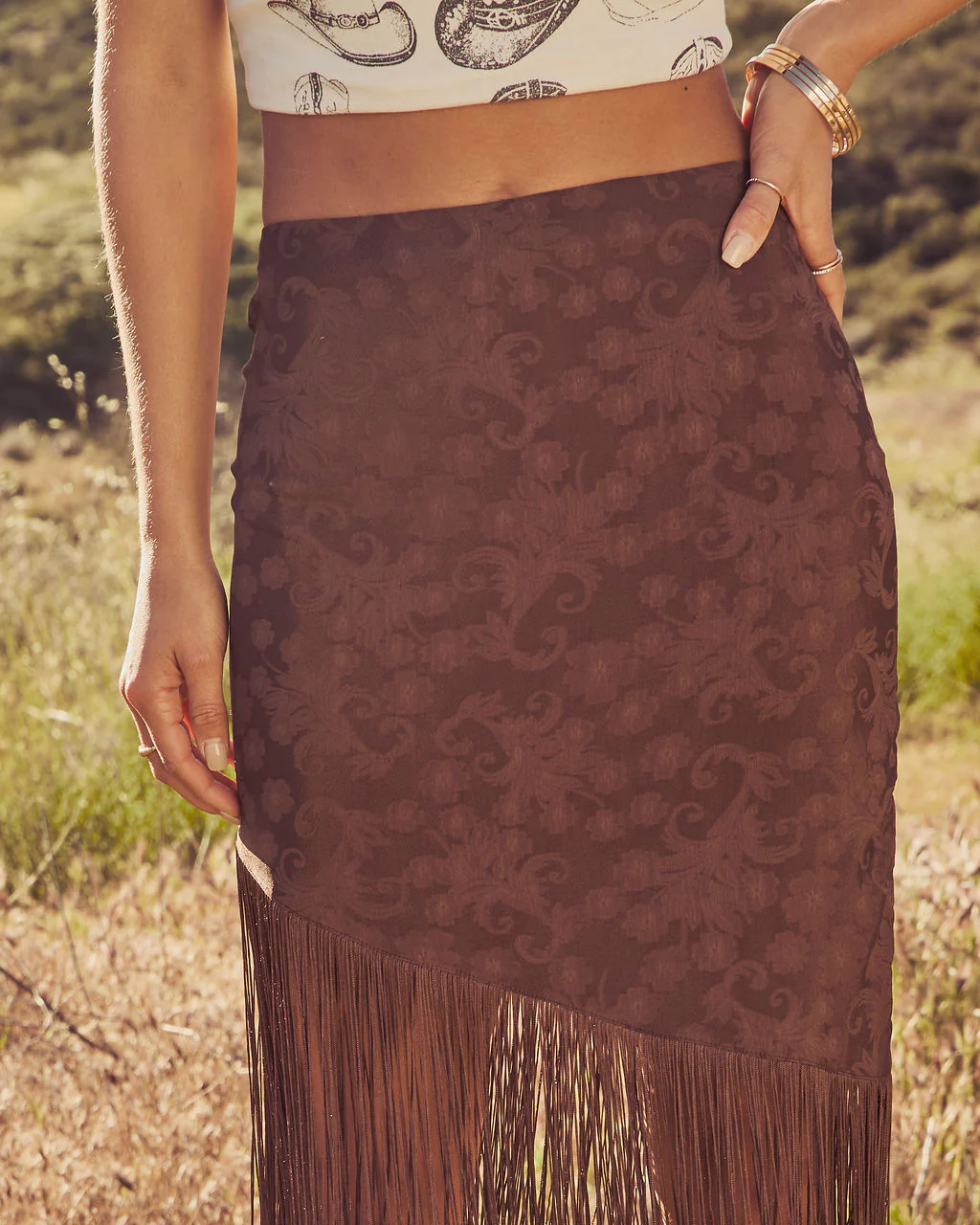Rustic Outlaw Fringe Satin Jacquard Midi Skirt - Image 6