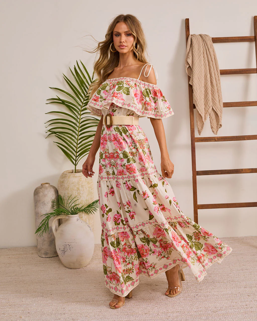 Morning Ease Belted Off The Shoulder Floral Maxi Dress - Image 3