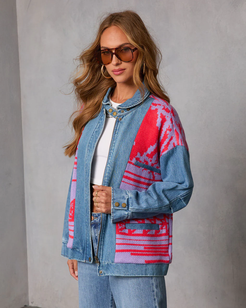 Muccia Knit Overlay Denim Jacket - Image 3