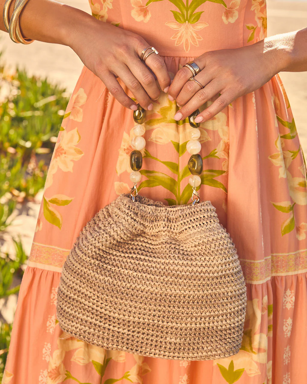 Natural Drift Beaded Handle Straw Pouch Bag - Image 4