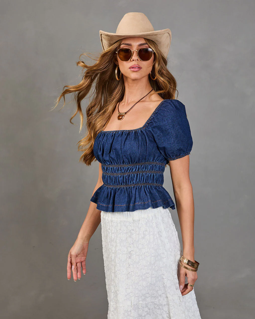 Navelle Smocked Denim Peplum Top - Image 3