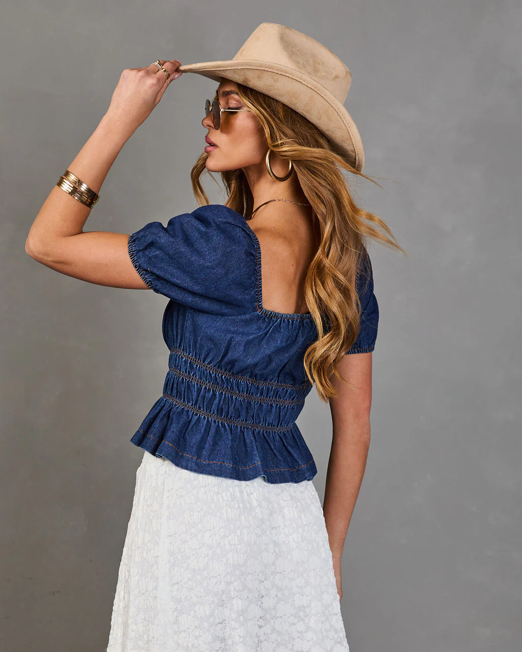 Navelle Smocked Denim Peplum Top - Image 4
