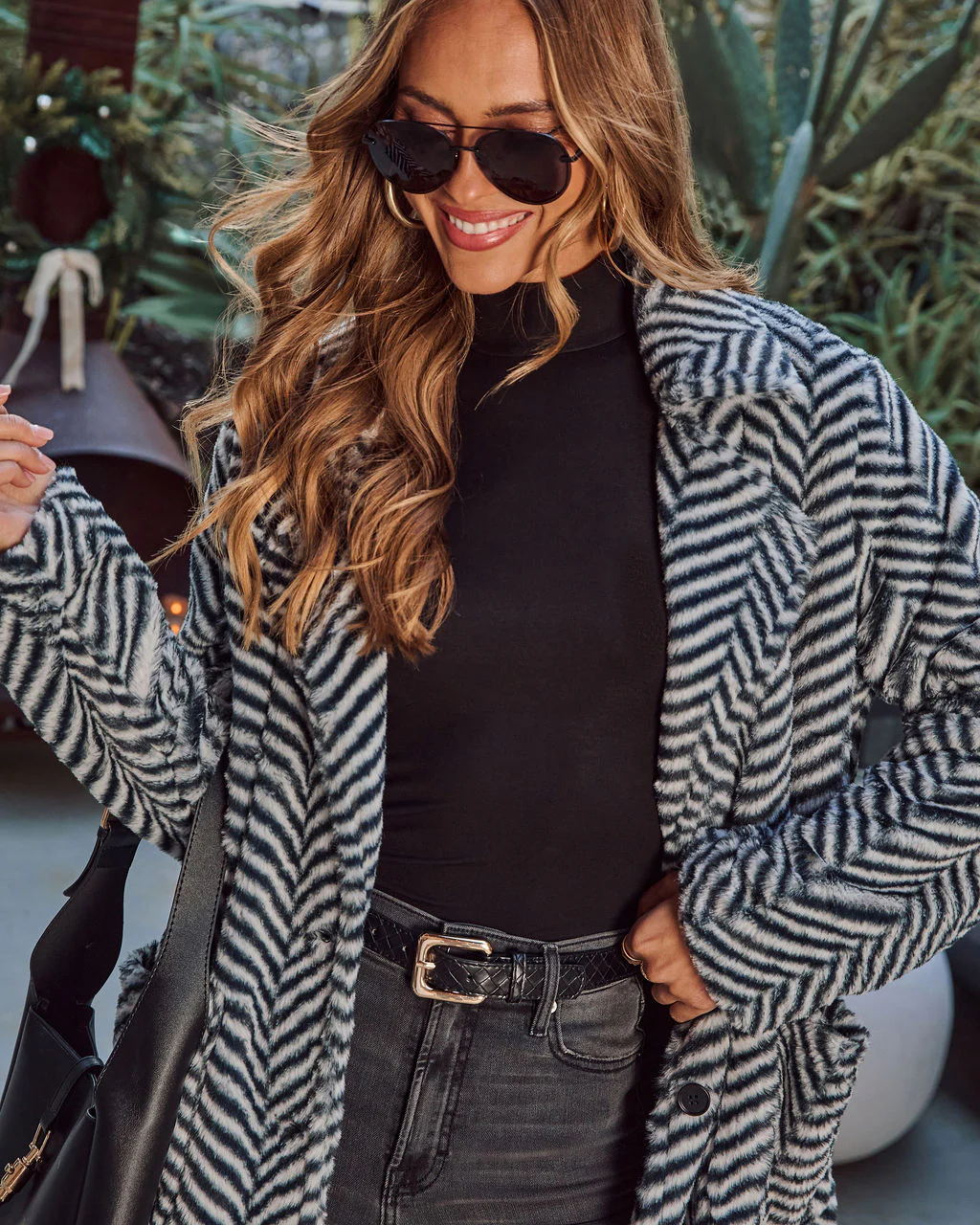 Noellah Herringbone Print Faux Fur Coat - Image 2
