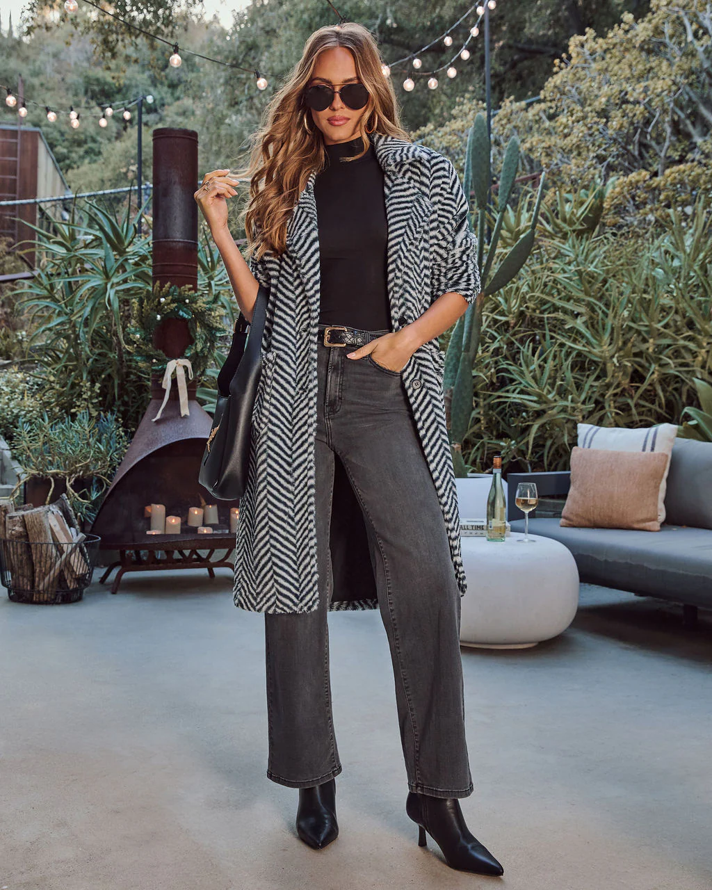 Noellah Herringbone Print Faux Fur Coat - Image 3