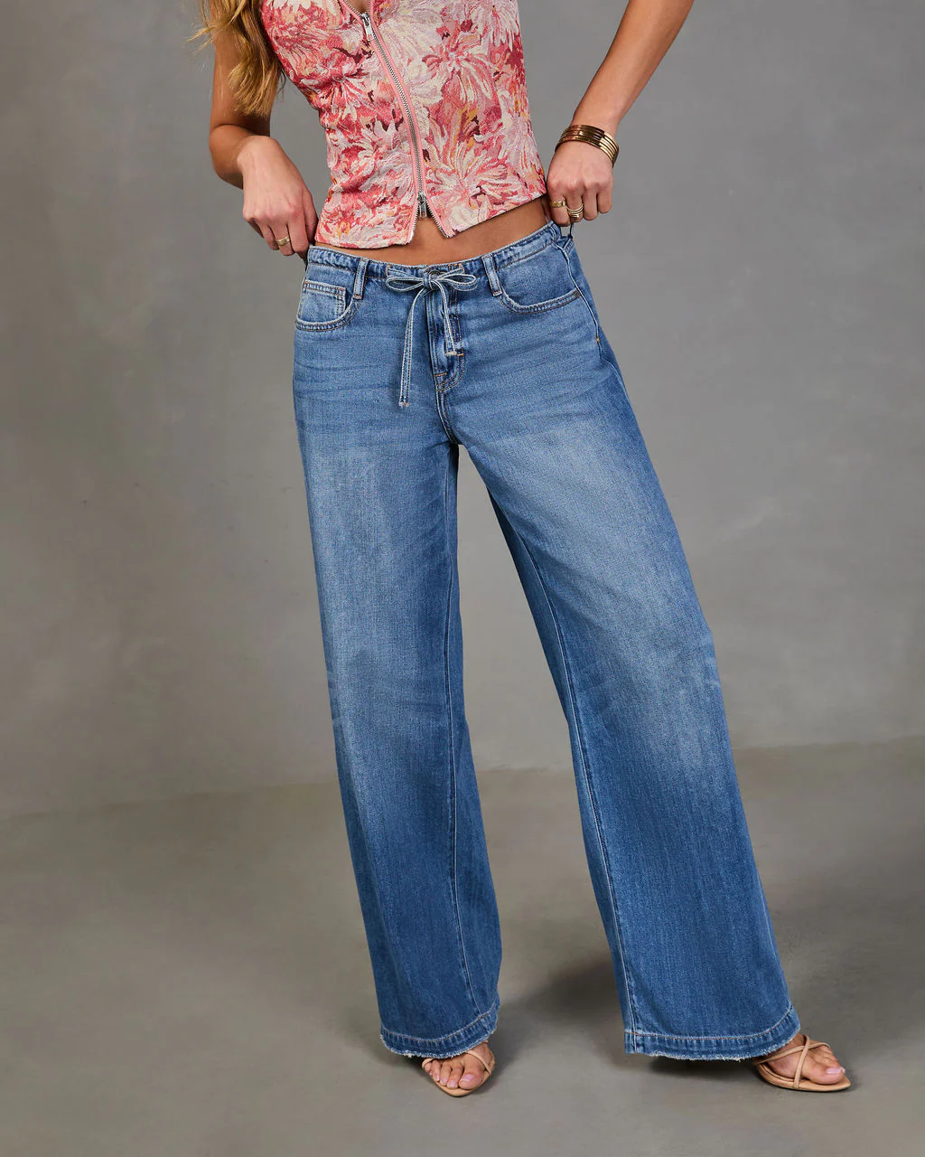 Nolae Rigid Wide Leg Low Rise Drawstring Waist Jeans - Image 2