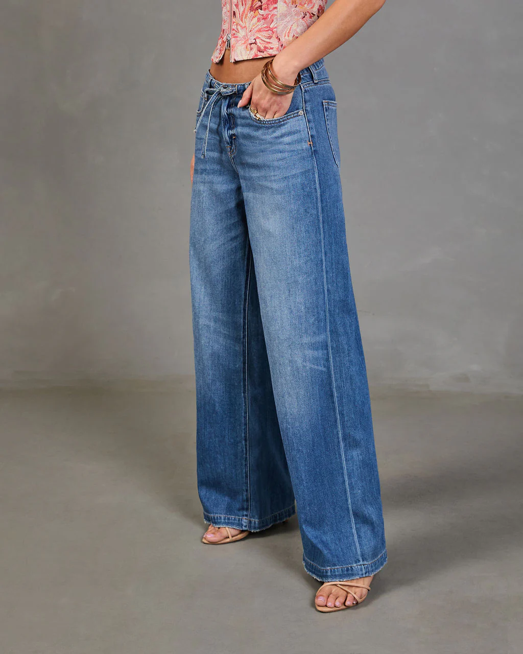 Nolae Rigid Wide Leg Low Rise Drawstring Waist Jeans - Image 3
