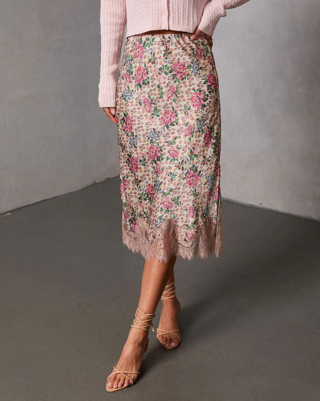 Oleandra Satin Lace Trim Midi Skirt - Image 11