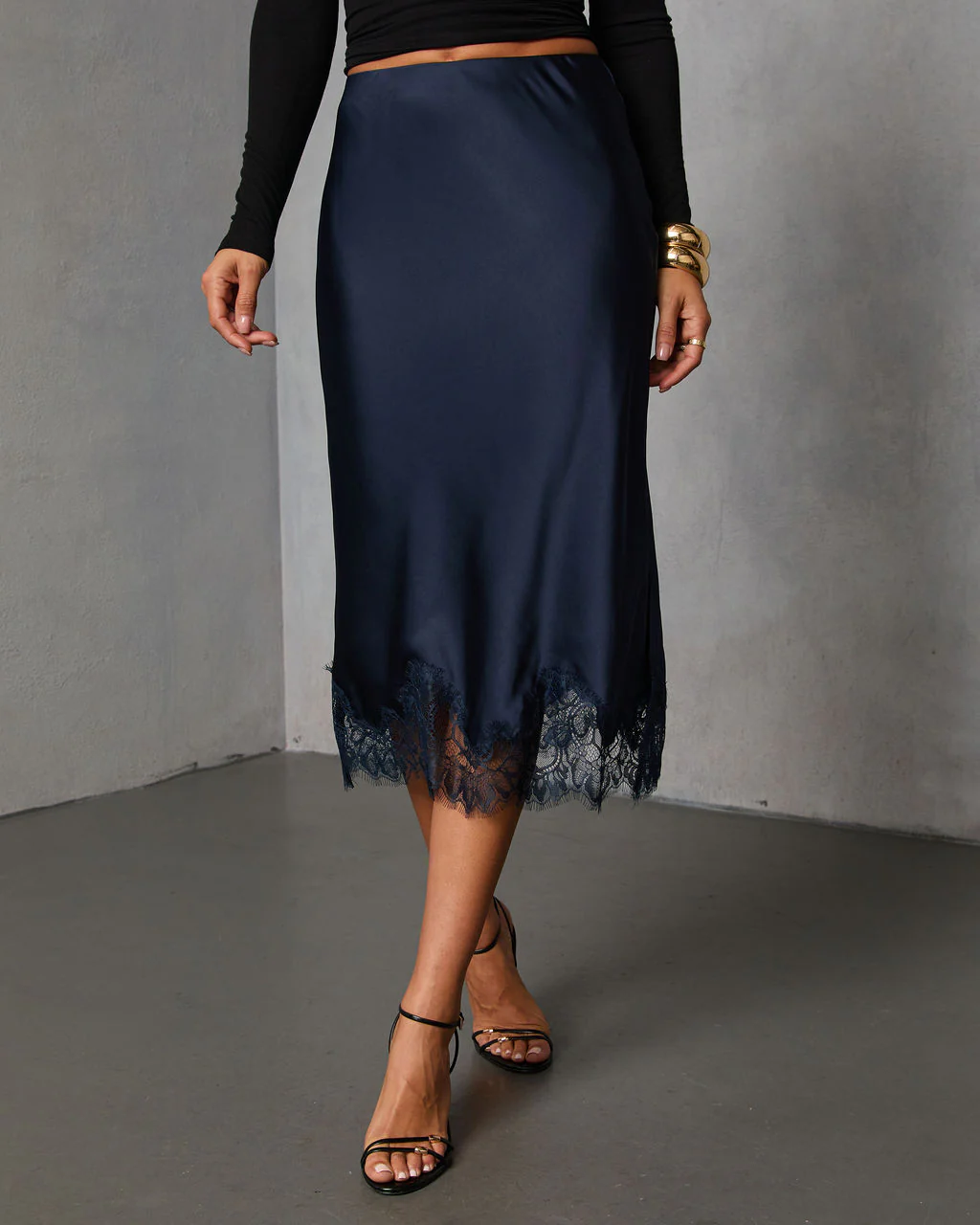 Oleandra Satin Lace Trim Midi Skirt - Image 15