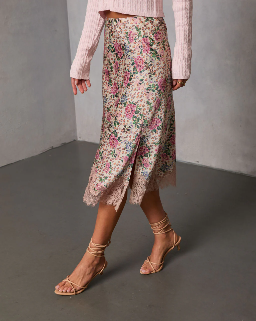 Oleandra Satin Lace Trim Midi Skirt - Image 9