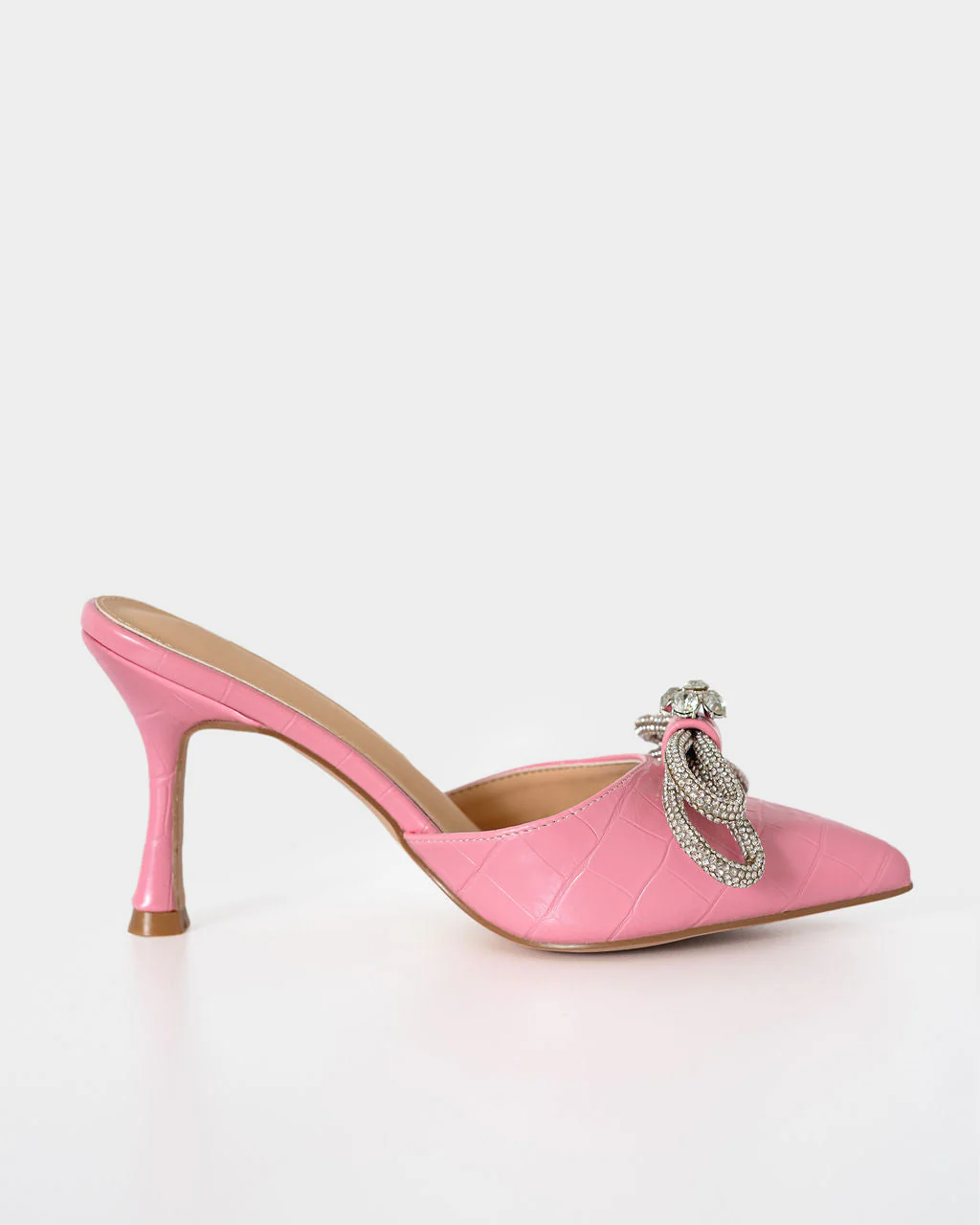 Ophelia Croc Embossed Crystal Embellished Bow Mule Heels - Image 10