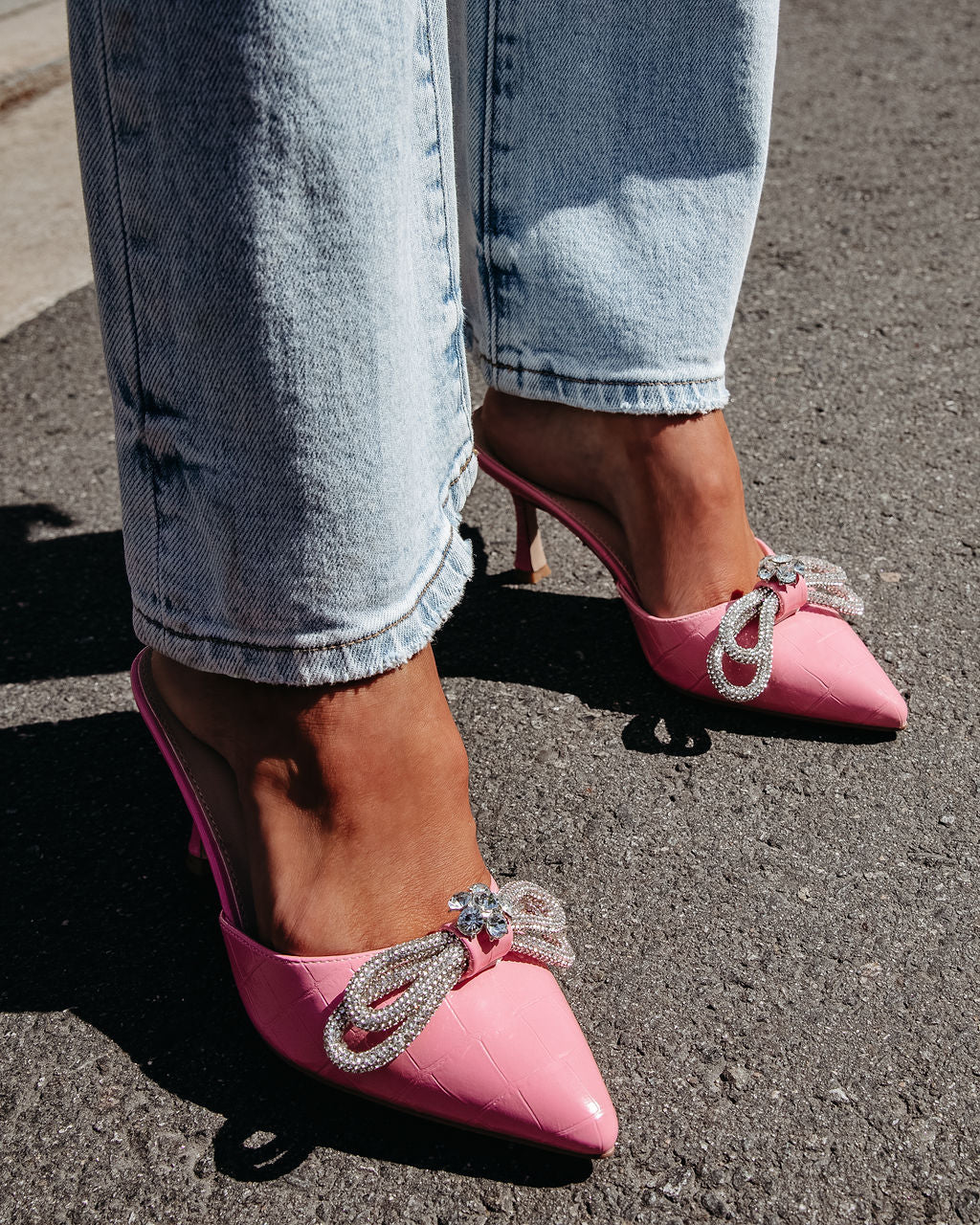 Ophelia Croc Embossed Crystal Embellished Bow Mule Heels - Image 11