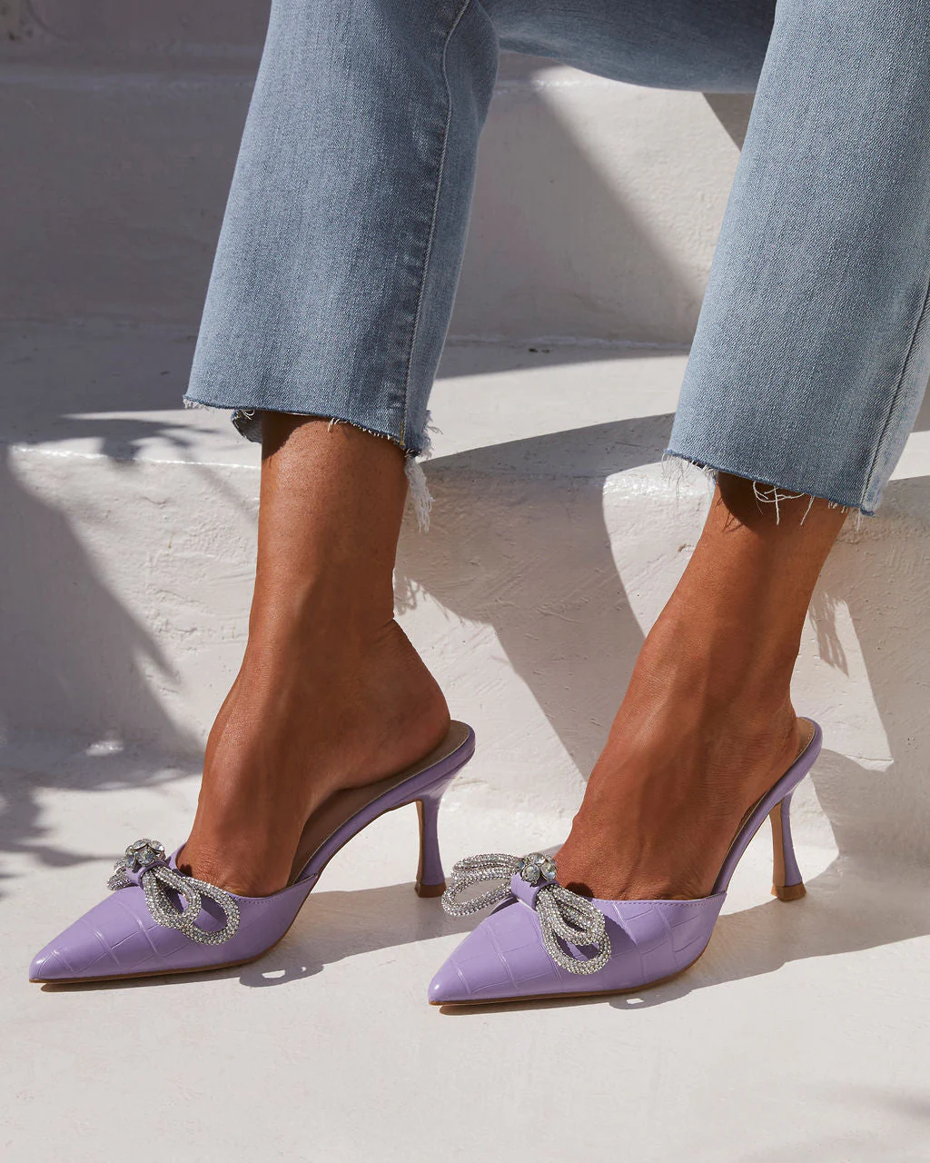 Ophelia Croc Embossed Crystal Embellished Bow Mule Heels - Image 6