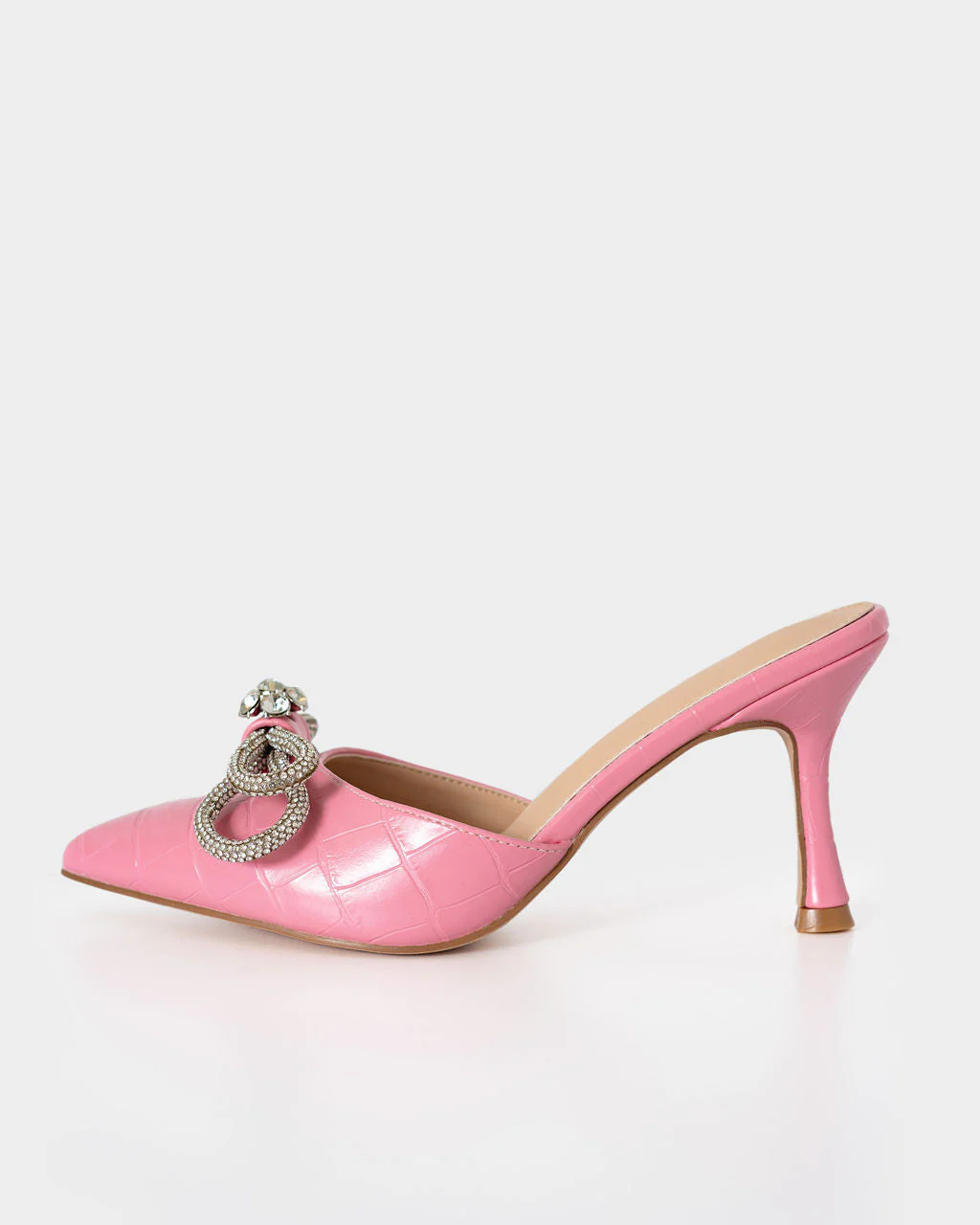 Ophelia Croc Embossed Crystal Embellished Bow Mule Heels - Image 8