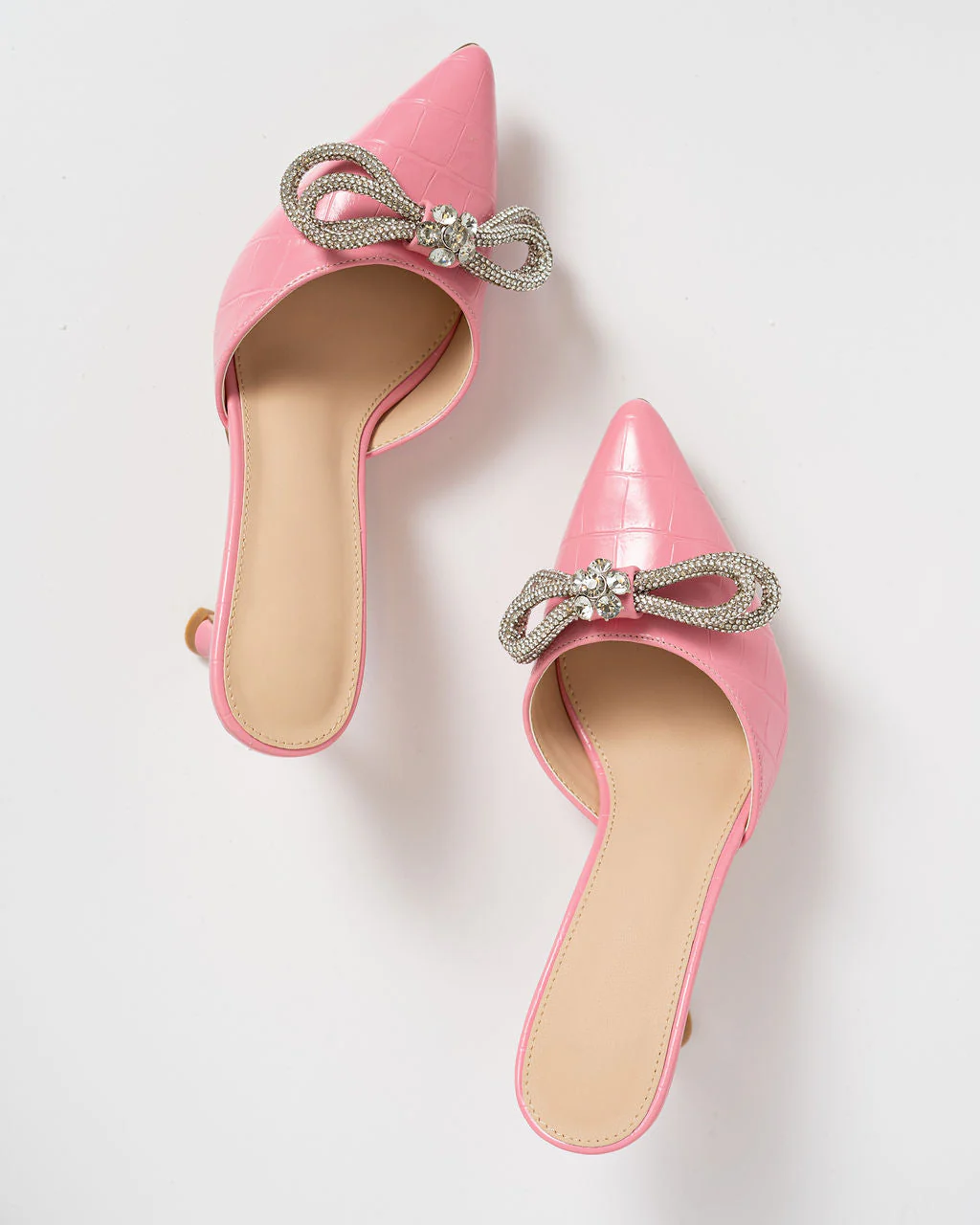 Ophelia Croc Embossed Crystal Embellished Bow Mule Heels - Image 9