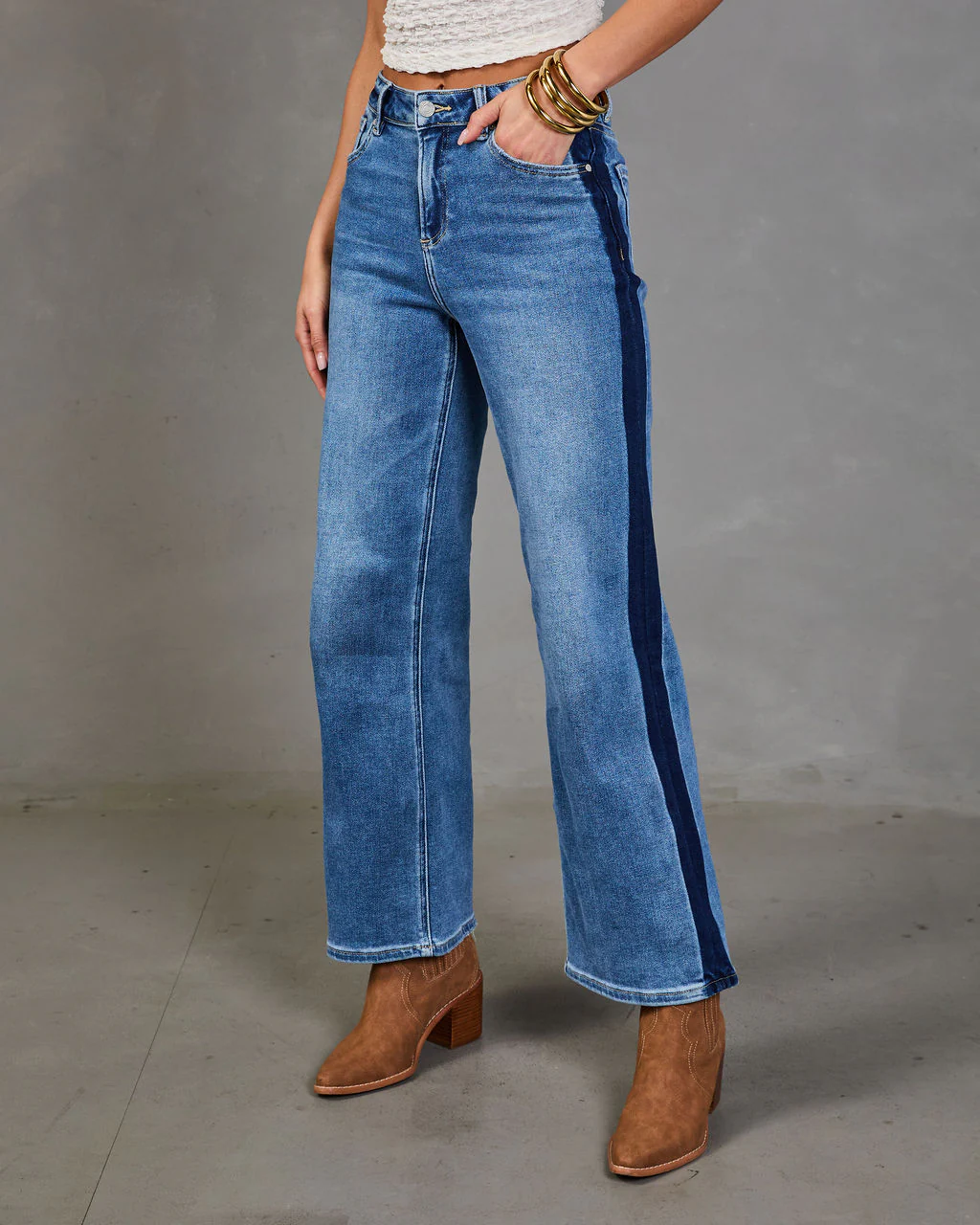 Orlena Stretch Two Tone Straight Leg Mid Rise Jeans - Image 3