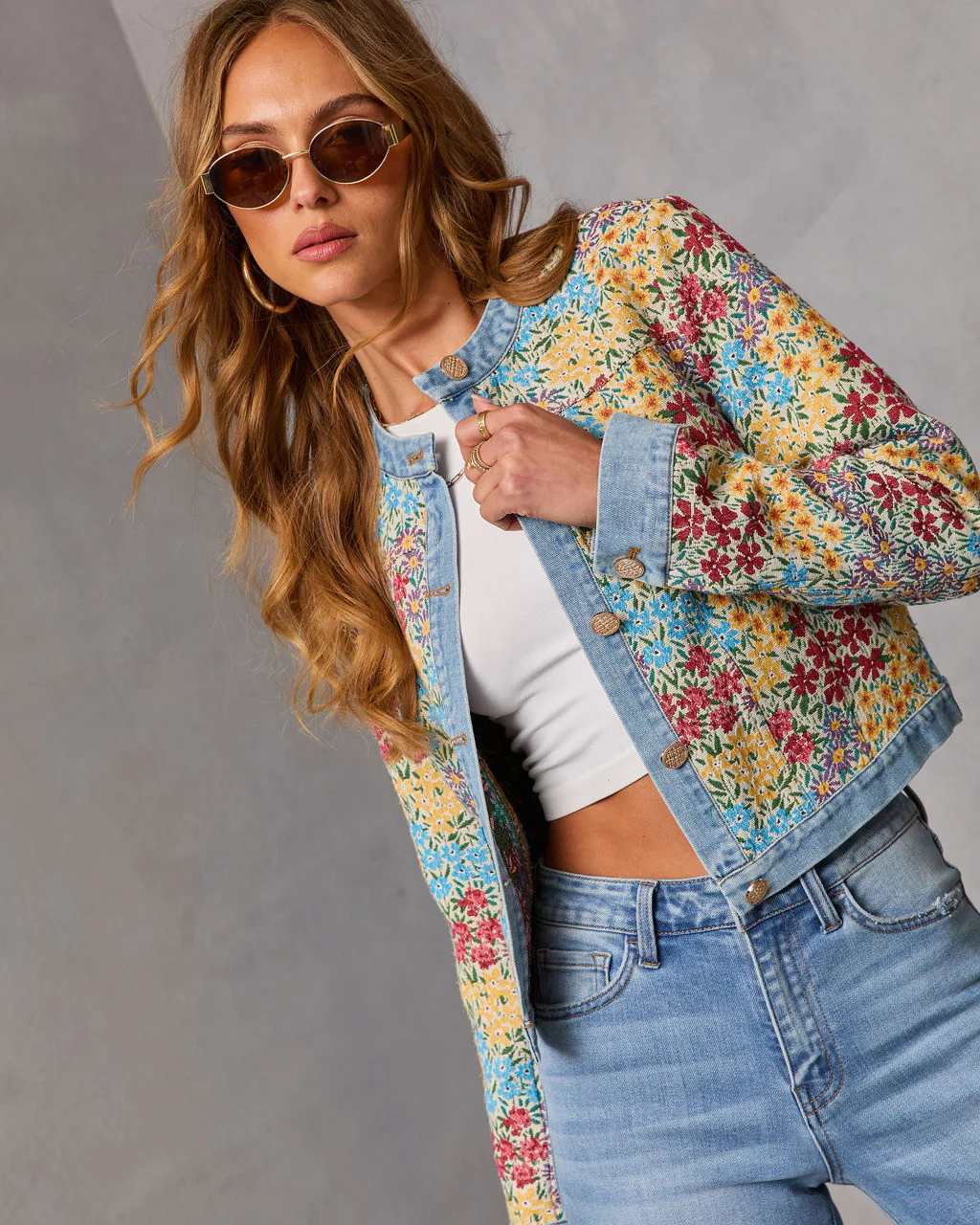 Painted Petal Floral Denim Trim Jacket - Image 5