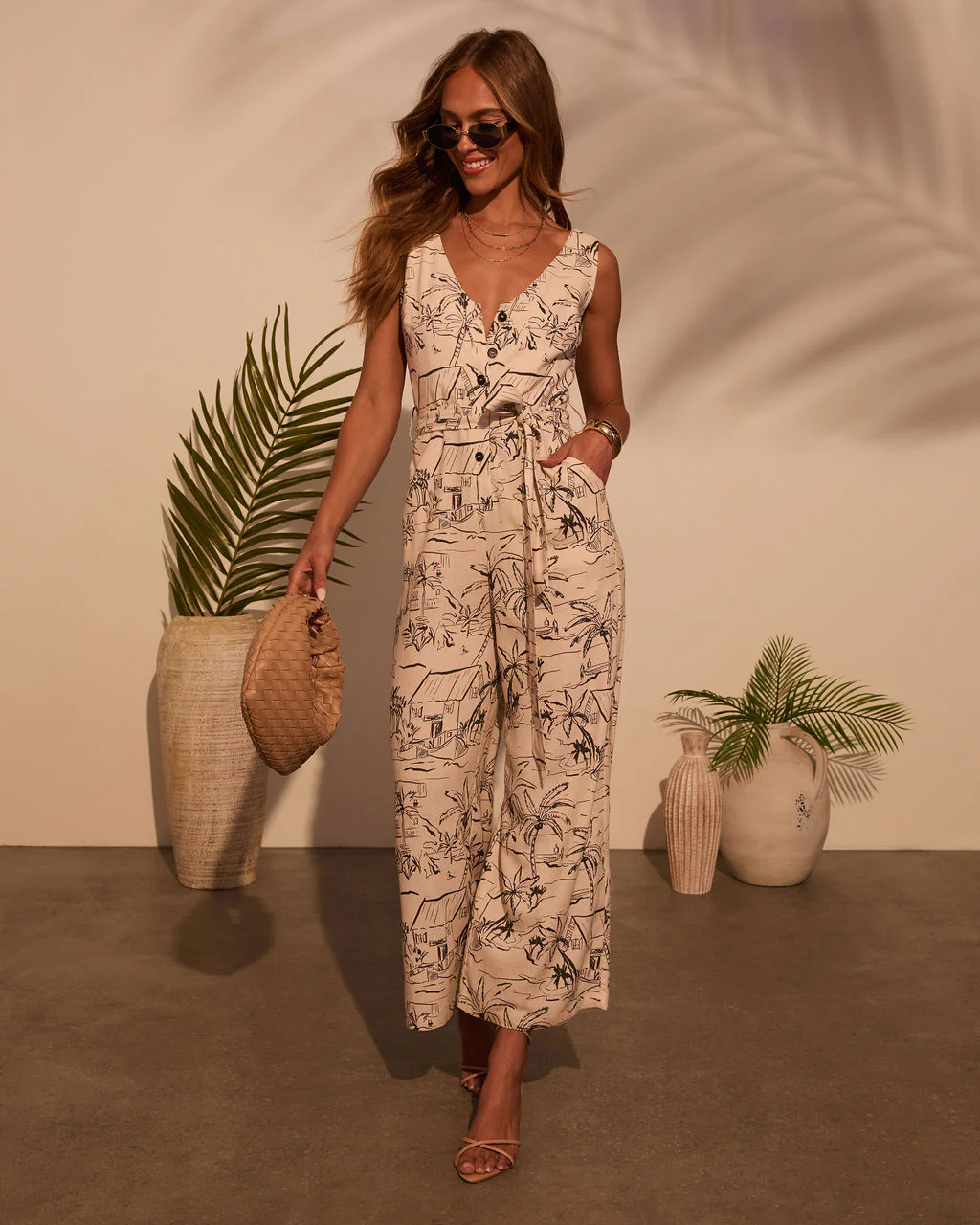 Palm Party Printed Waist Tie Jumpsuit - Image 5