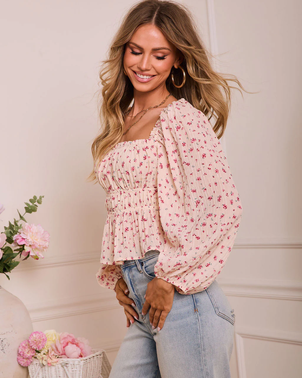 Petaled Skies Smocked Floral Peasant Top - Image 3