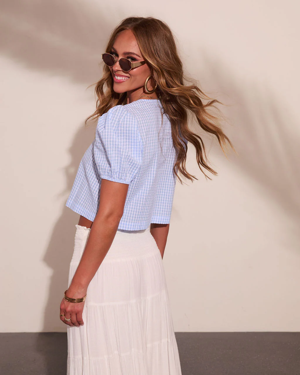 Pheby Gingham Front Tie Puff Sleeve Top - Image 4