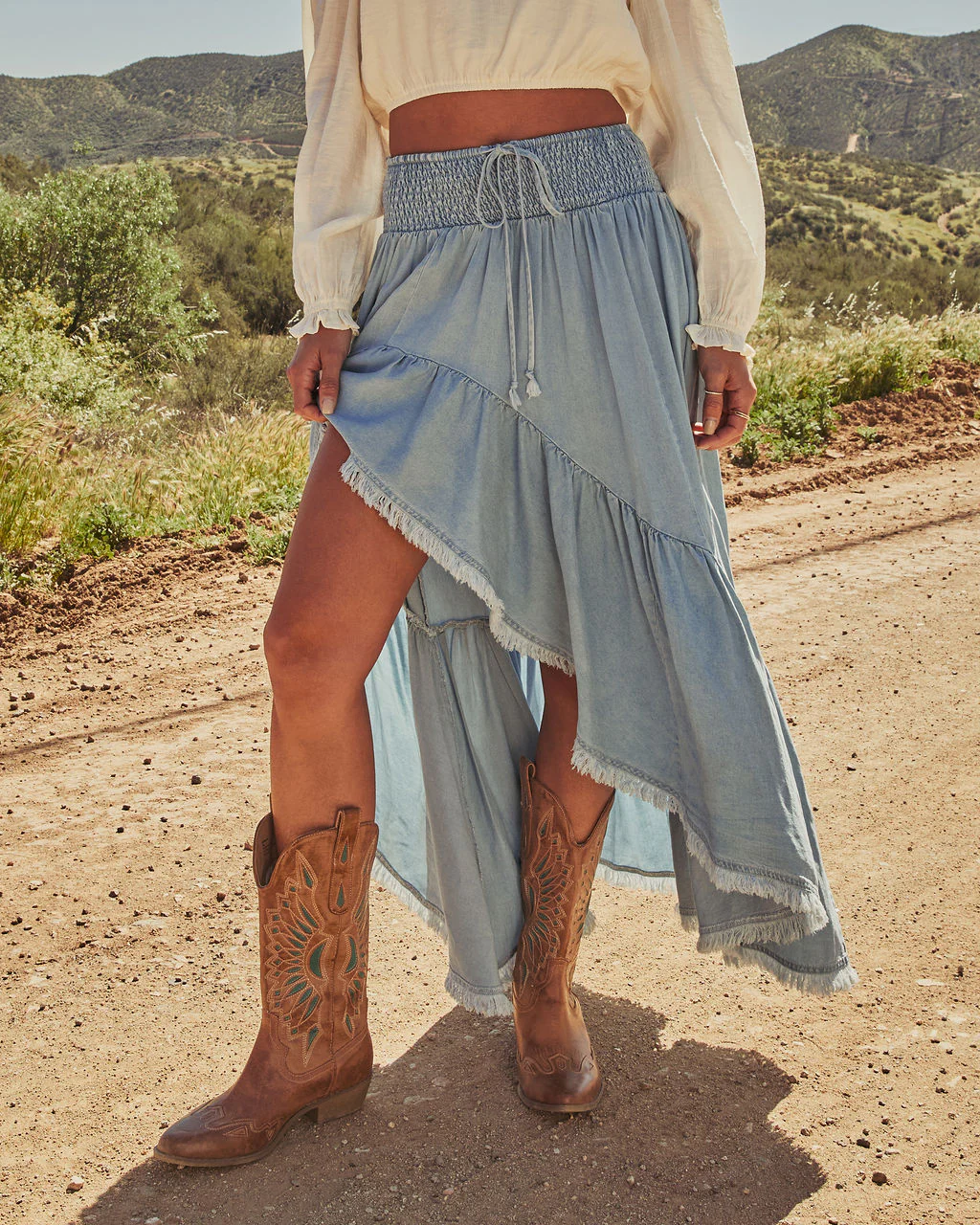 Prairie Rebel Frayed High Low Denim Maxi Skirt - Image 2