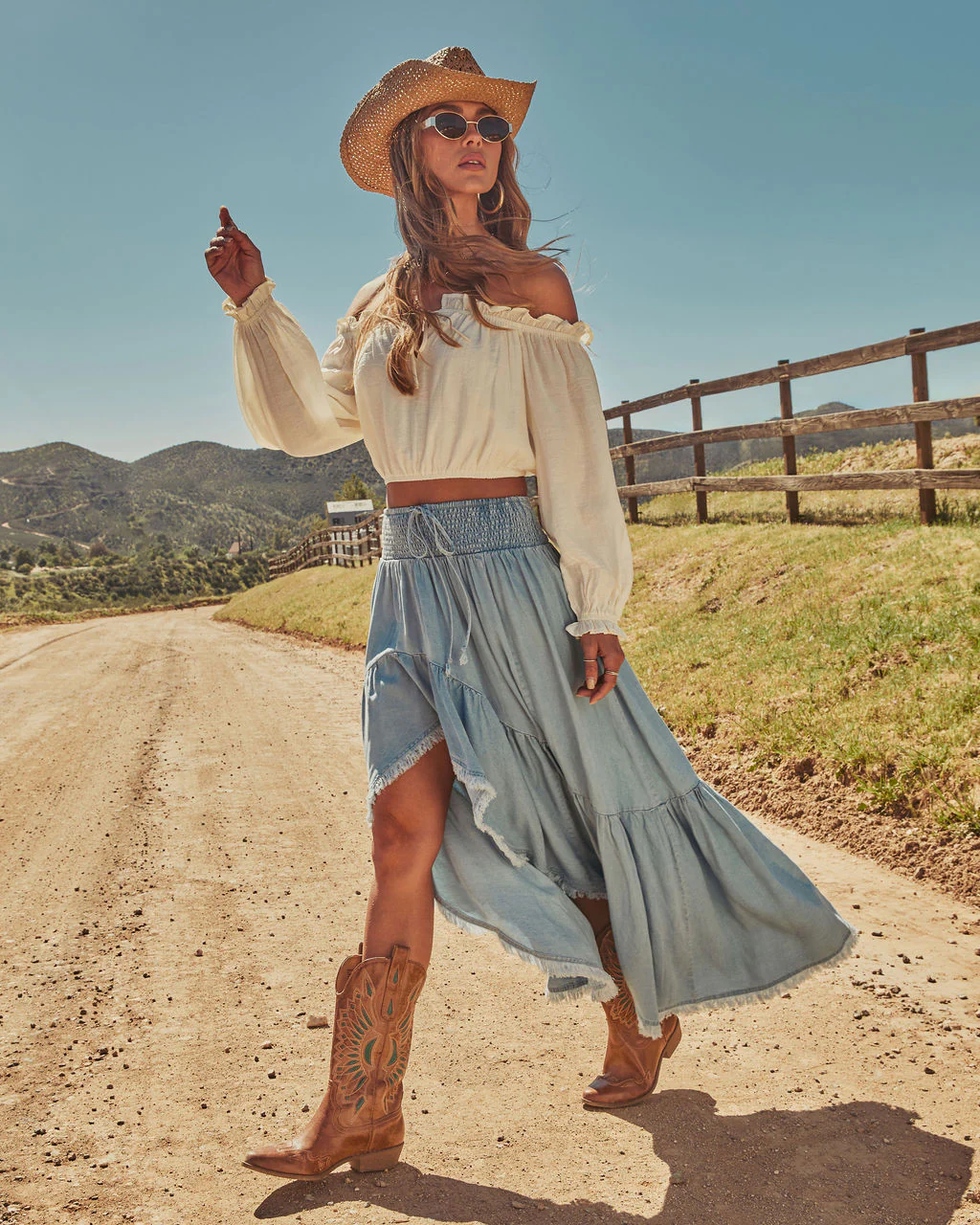 Prairie Rebel Frayed High Low Denim Maxi Skirt - Image 3