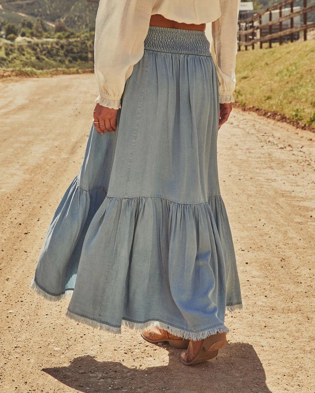 Prairie Rebel Frayed High Low Denim Maxi Skirt - Image 4