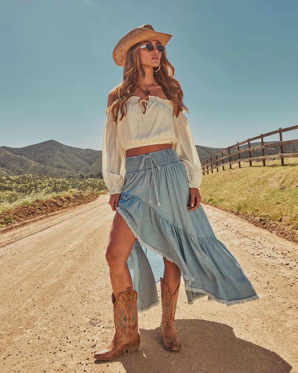 Prairie Rebel Frayed High Low Denim Maxi Skirt - Image 5