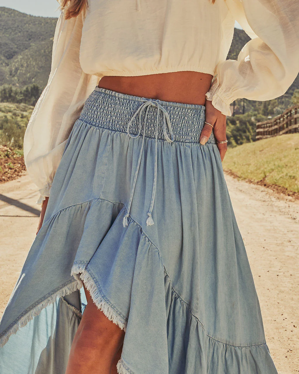 Prairie Rebel Frayed High Low Denim Maxi Skirt - Image 6