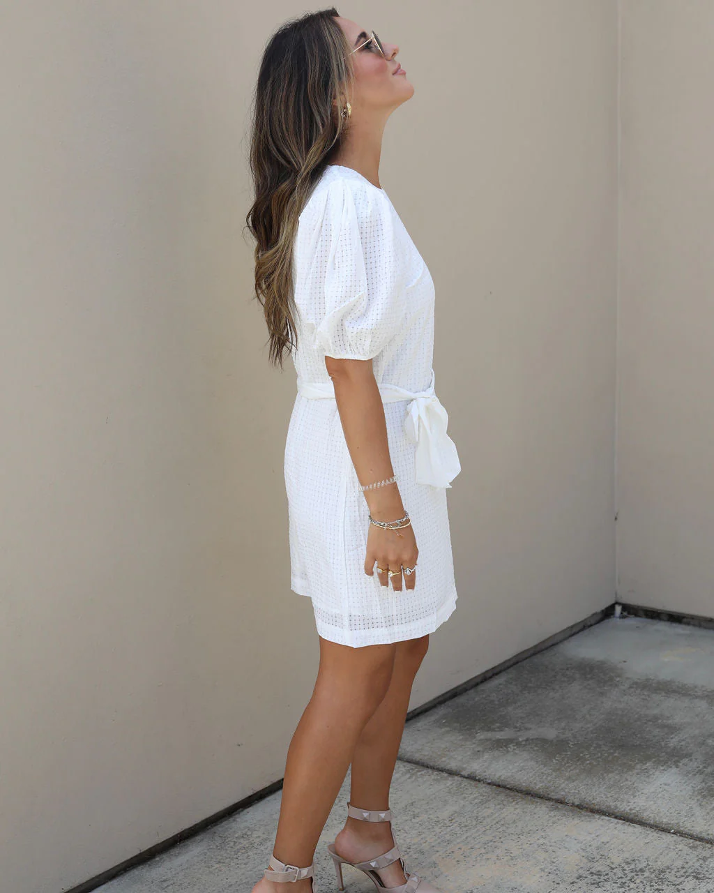 Pure Sweetness Textured Puff Sleeve Tie Waist Mini Dress - Image 3