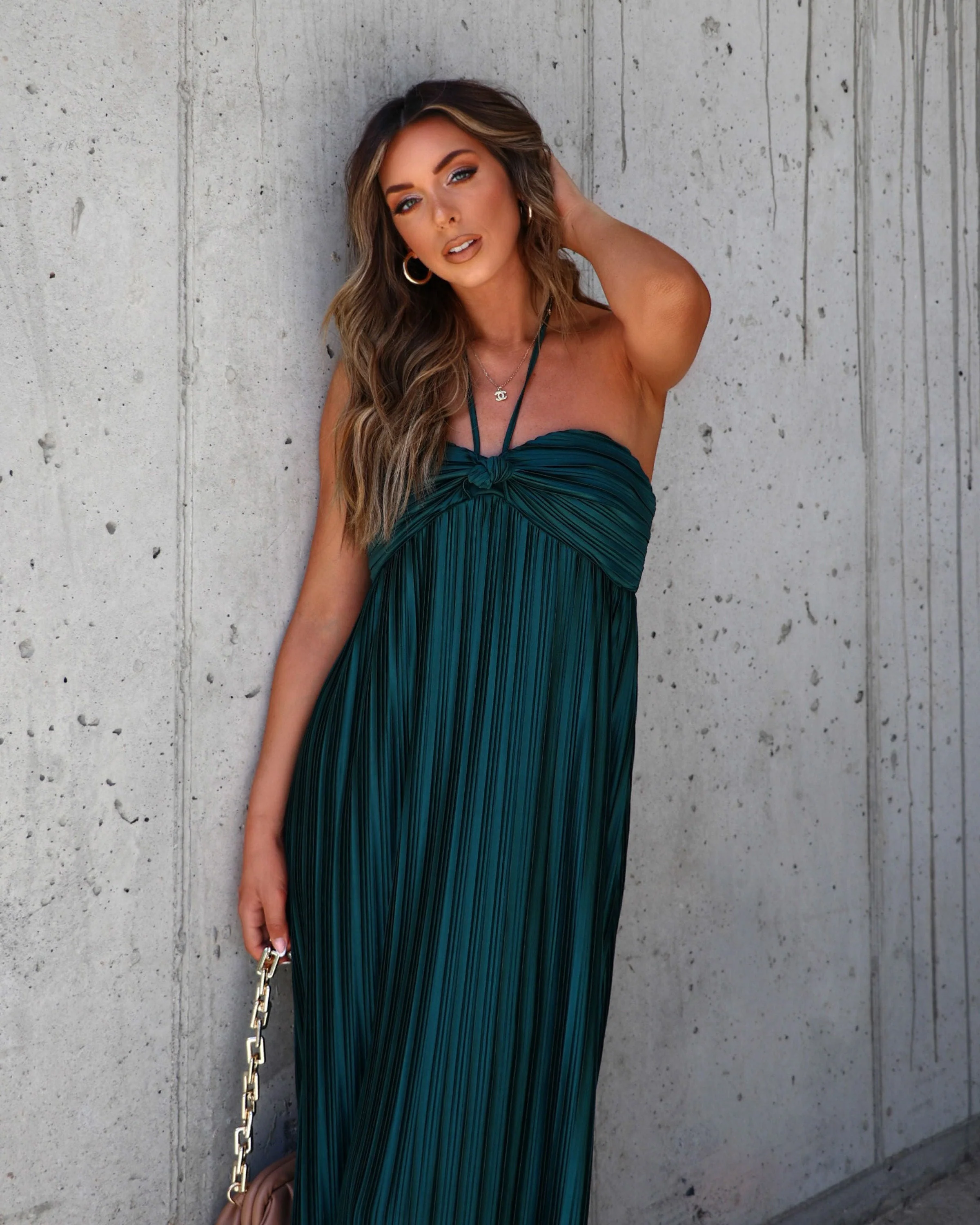 Raise A Toast Satin Plisse Halter Maxi Dress - Image 11