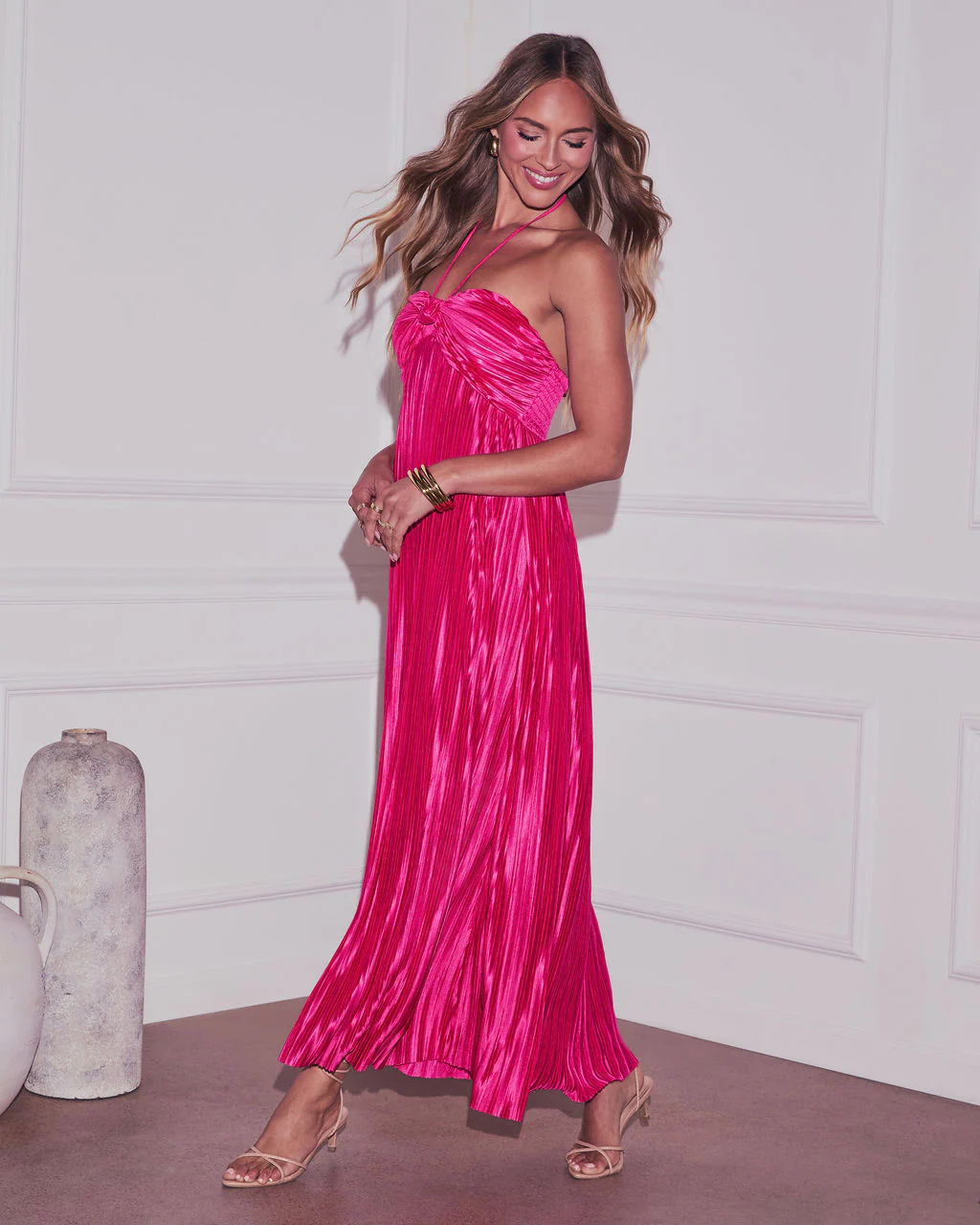 Raise A Toast Satin Plisse Halter Maxi Dress - Image 14