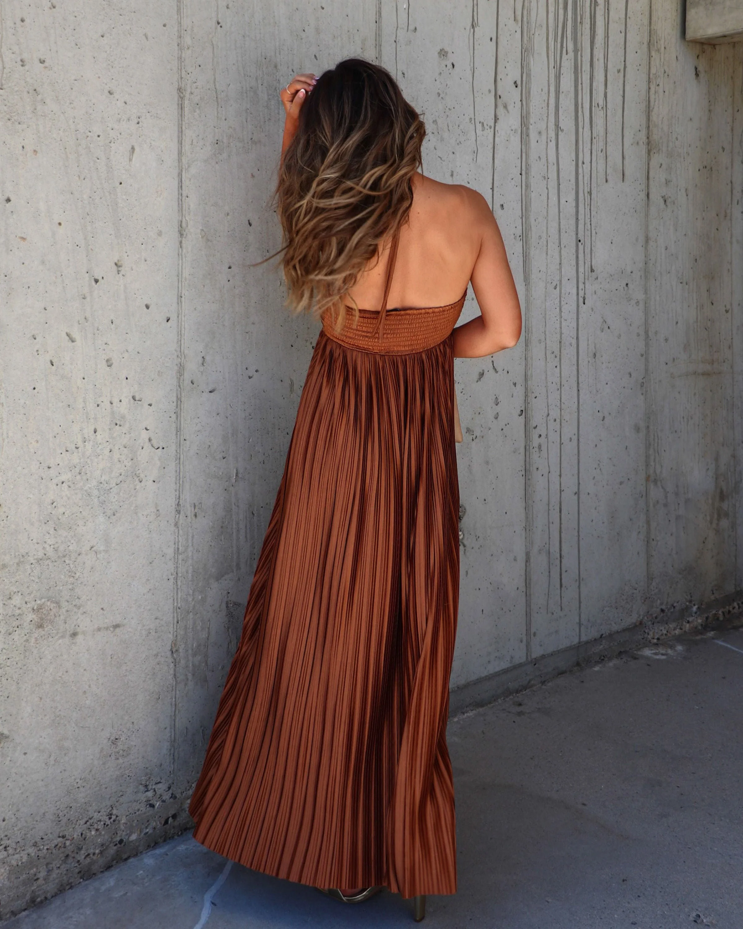 Raise A Toast Satin Plisse Halter Maxi Dress - Image 33