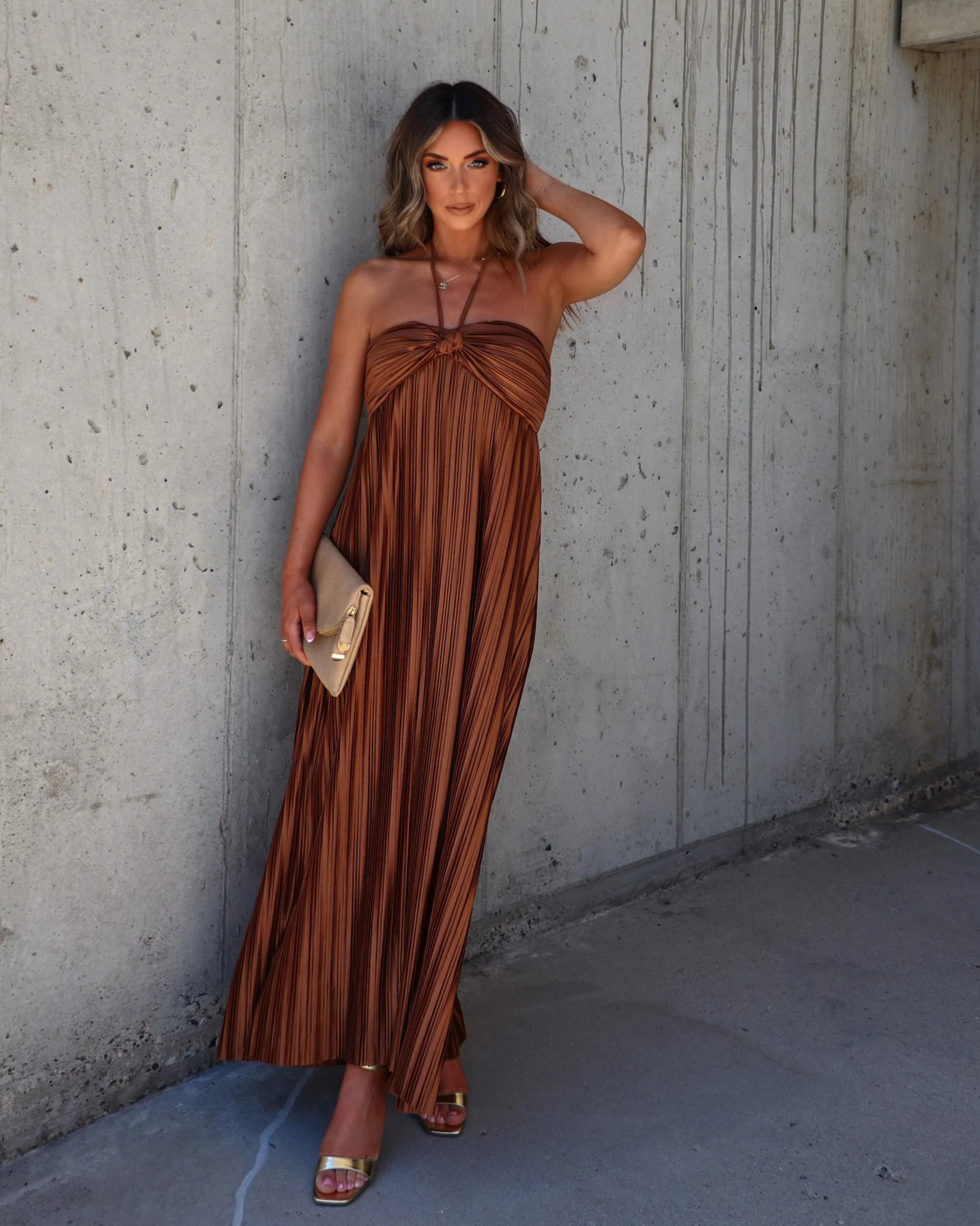 Raise A Toast Satin Plisse Halter Maxi Dress - Image 34