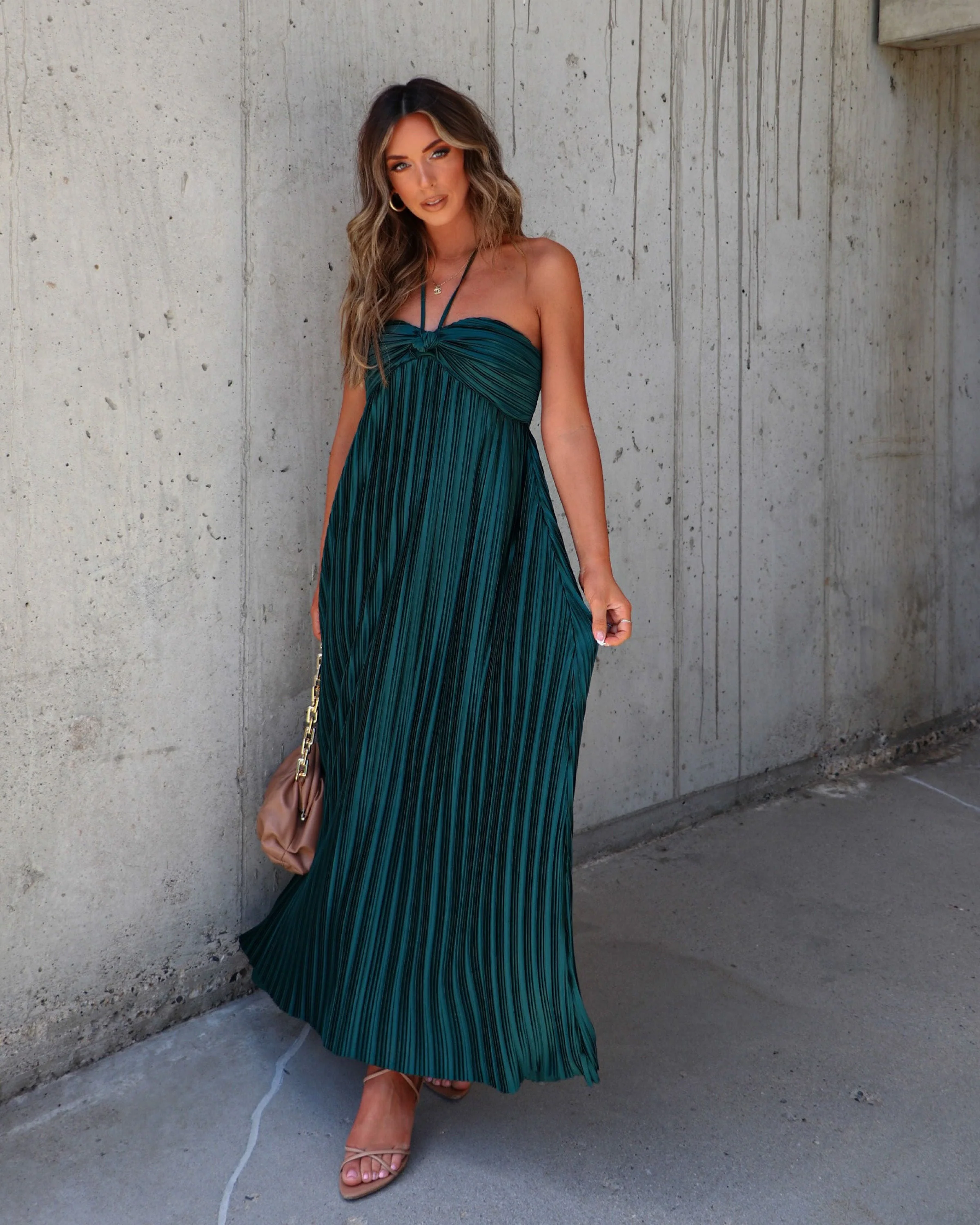 Raise A Toast Satin Plisse Halter Maxi Dress - Image 7