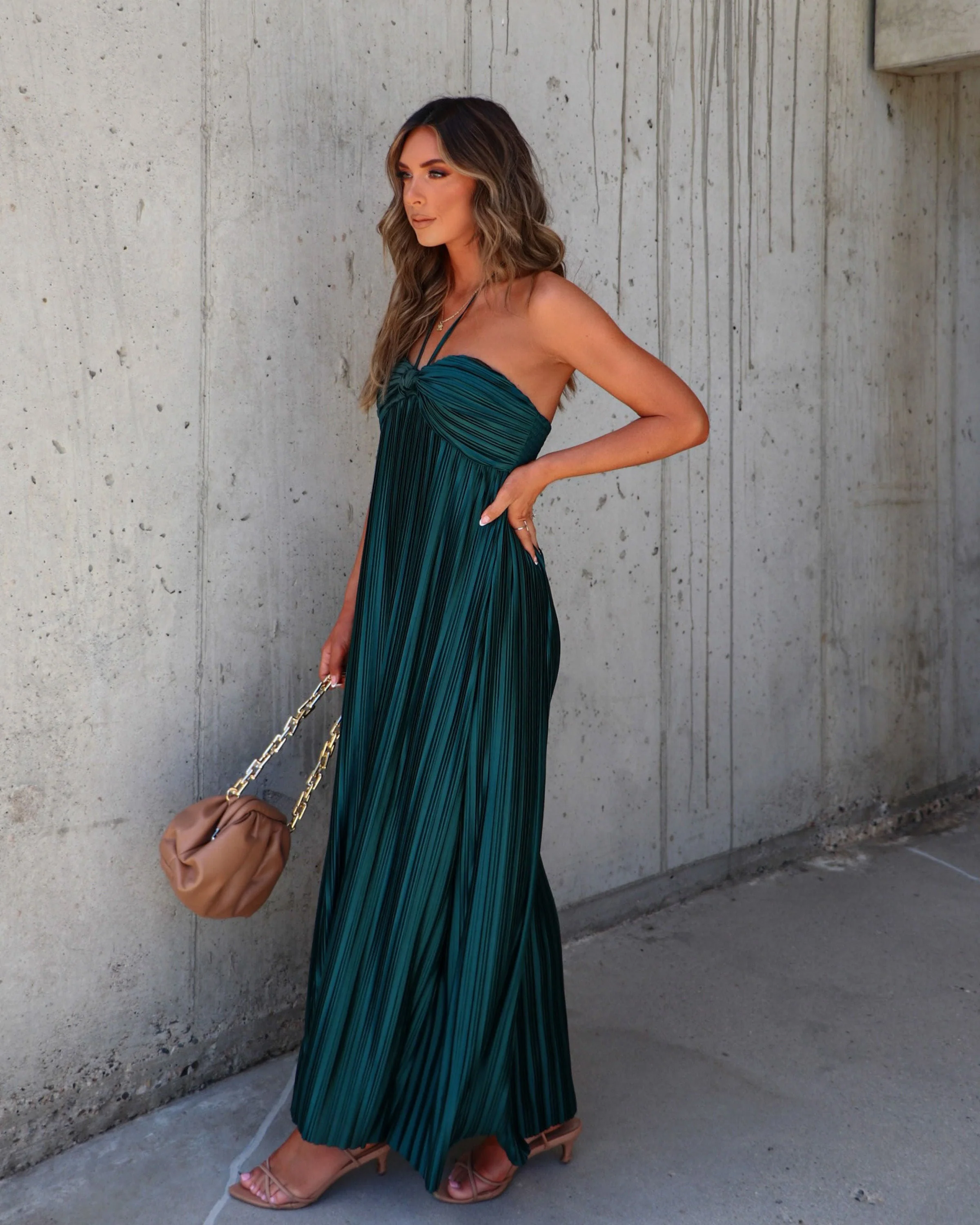 Raise A Toast Satin Plisse Halter Maxi Dress - Image 9