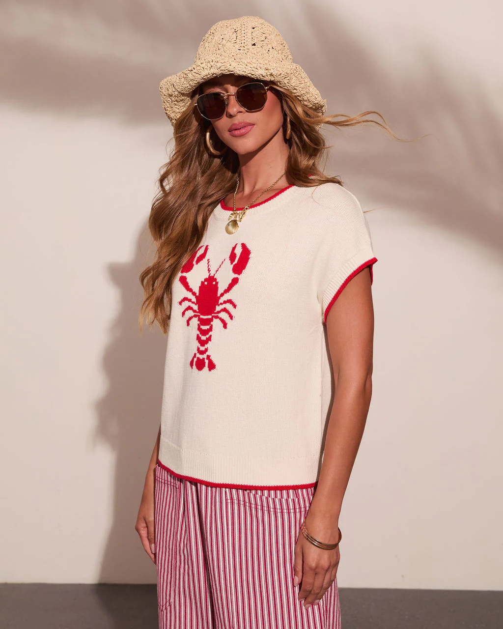 Red Claw Coastline Knit Graphic Lobster Print Sweater - Image 3