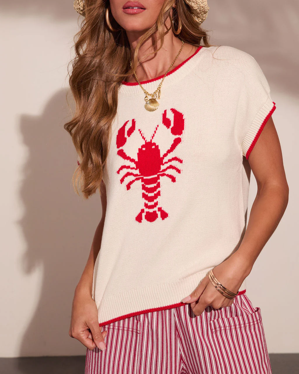 Red Claw Coastline Knit Graphic Lobster Print Sweater - Image 6